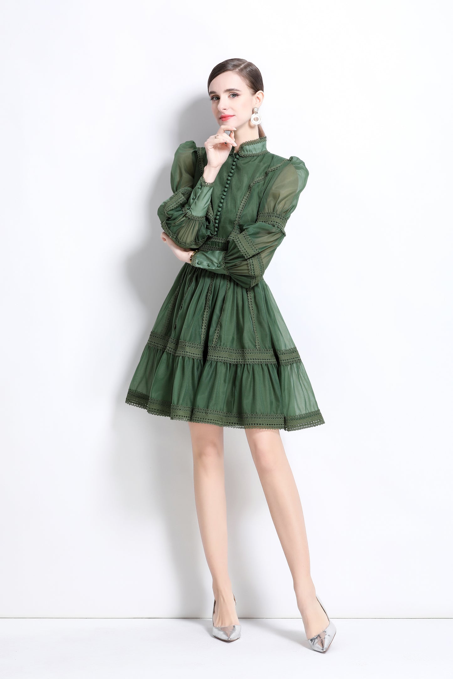 BK-Organza Lace Puff Sleeve Mini Dress