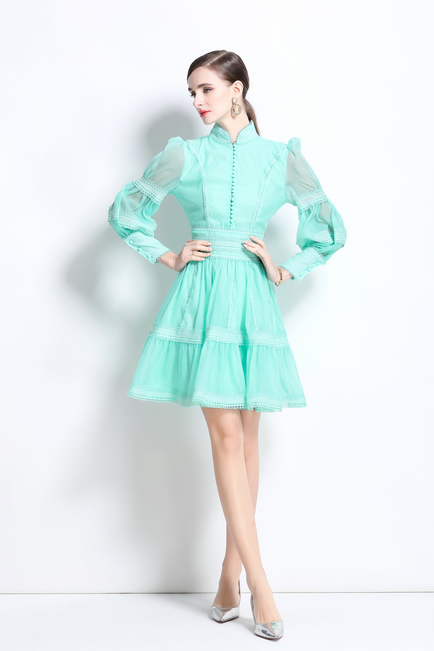 BK-Organza Lace Puff Sleeve Mini Dress