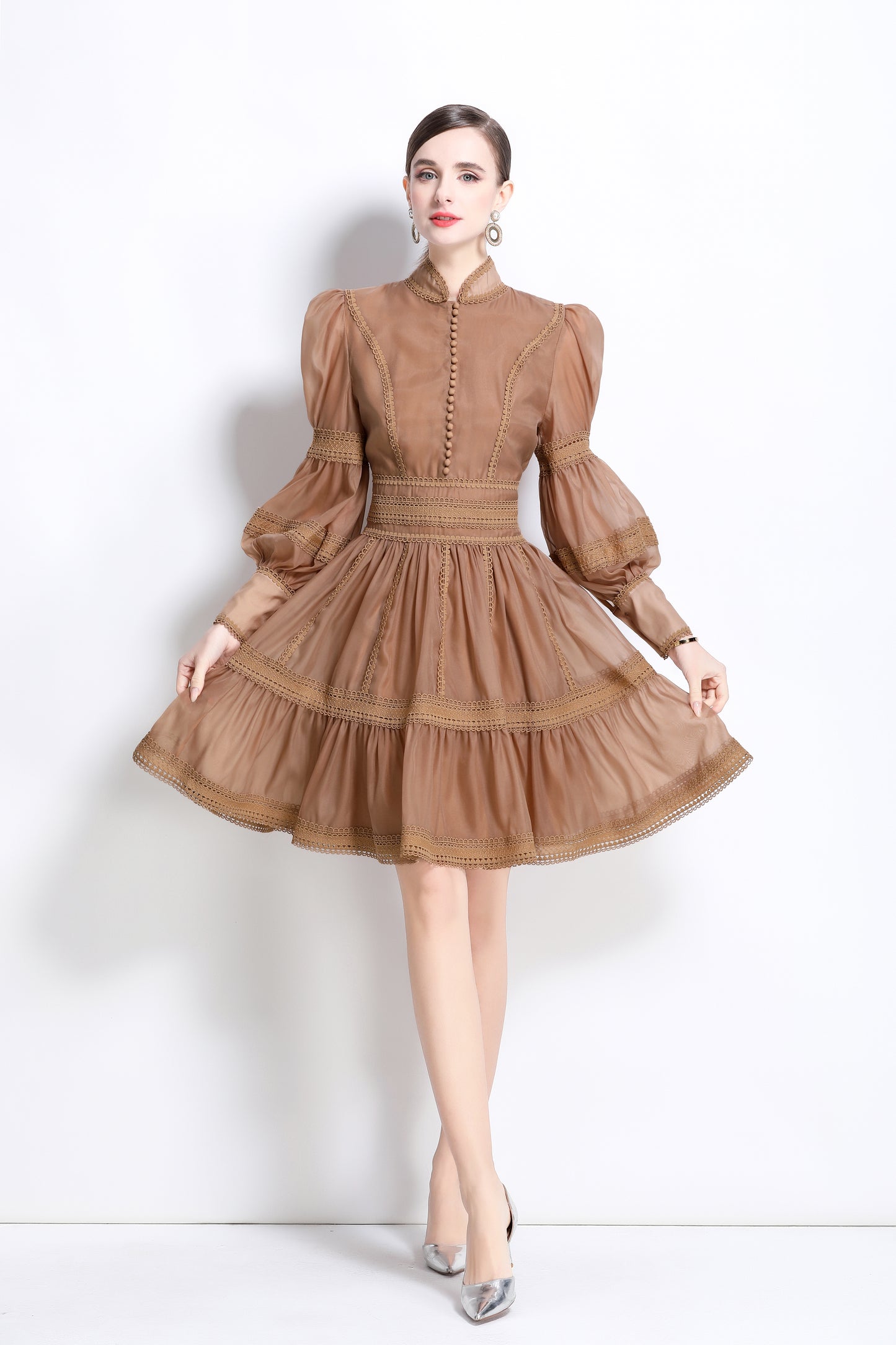 BK-Organza Lace Puff Sleeve Mini Dress