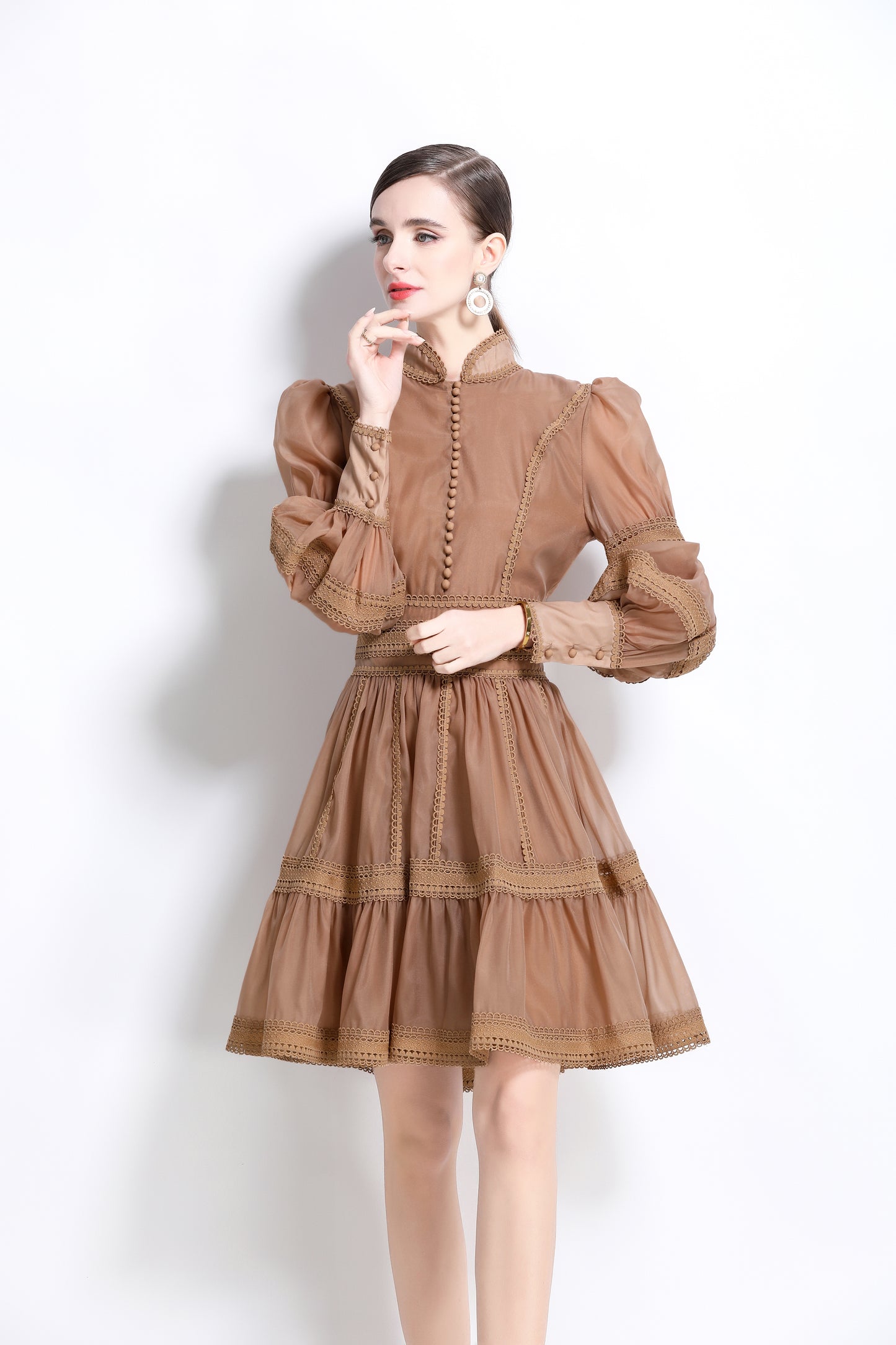 BK-Organza Lace Puff Sleeve Mini Dress