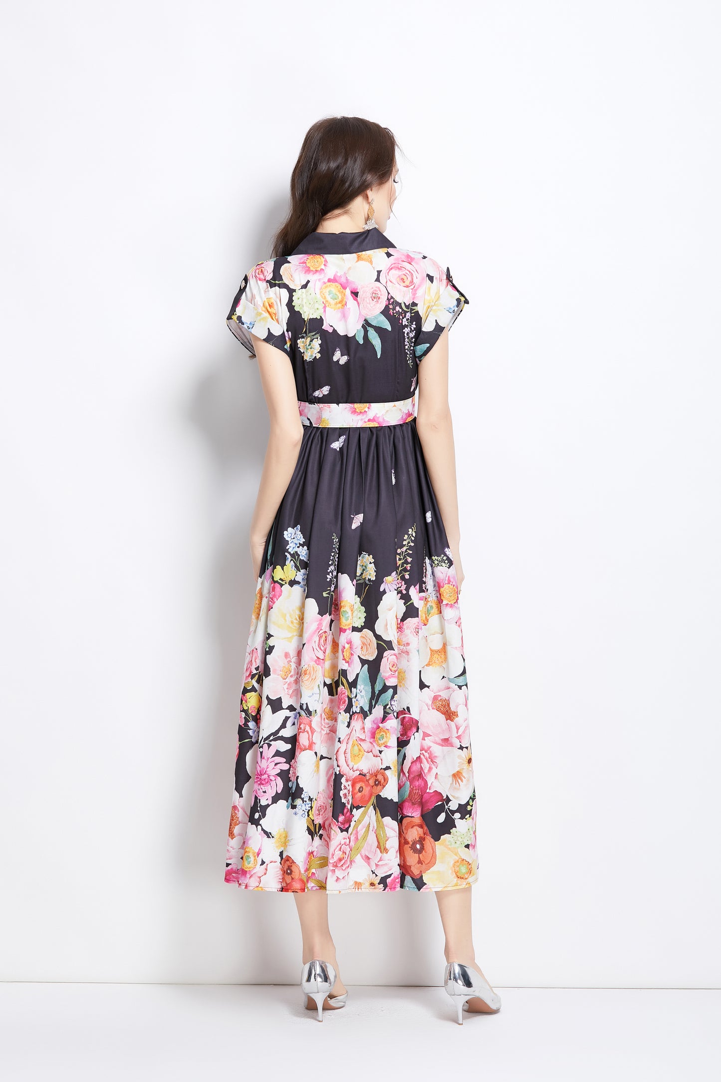 Women's Lapel V-Neck Floral Print Maxi Dress