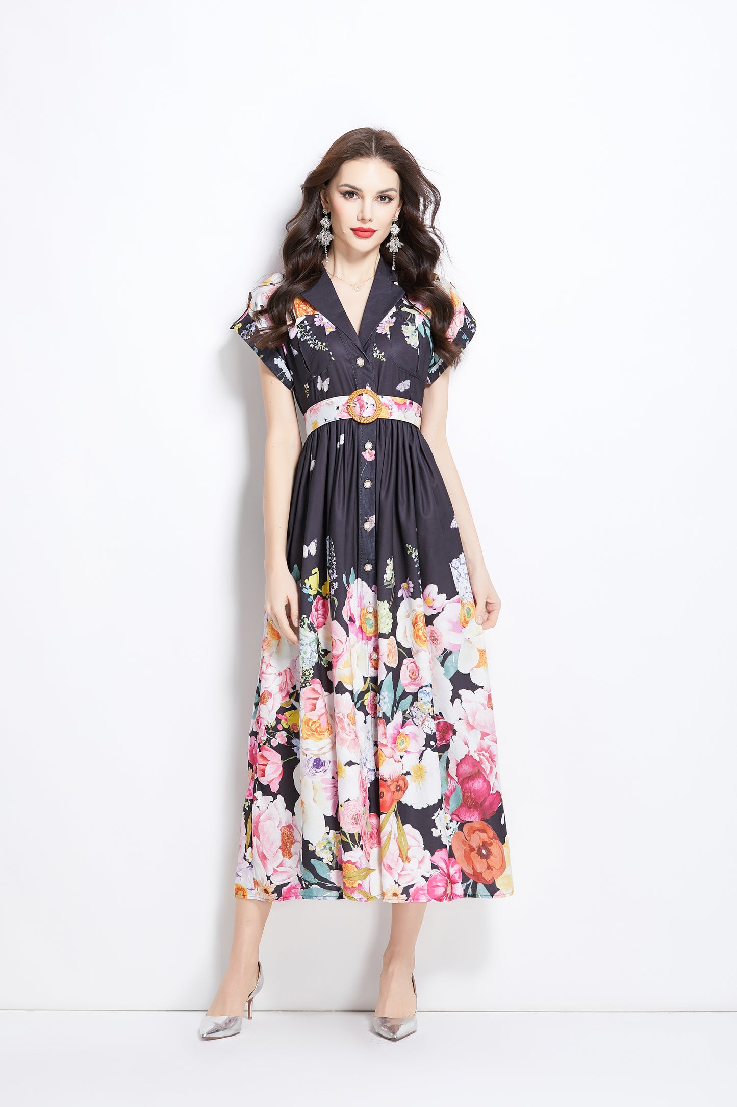 Women's Lapel V-Neck Floral Print Maxi Dress