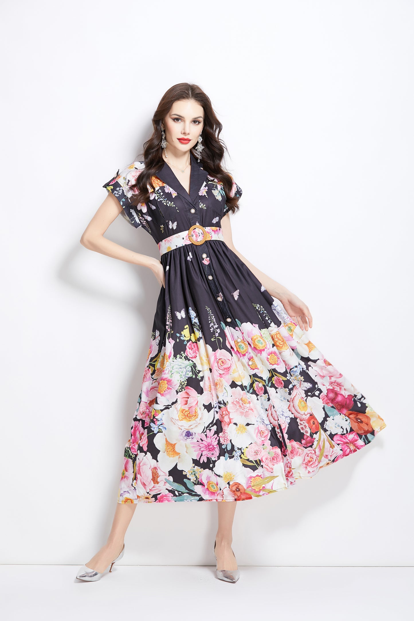 Women's Lapel V-Neck Floral Print Maxi Dress