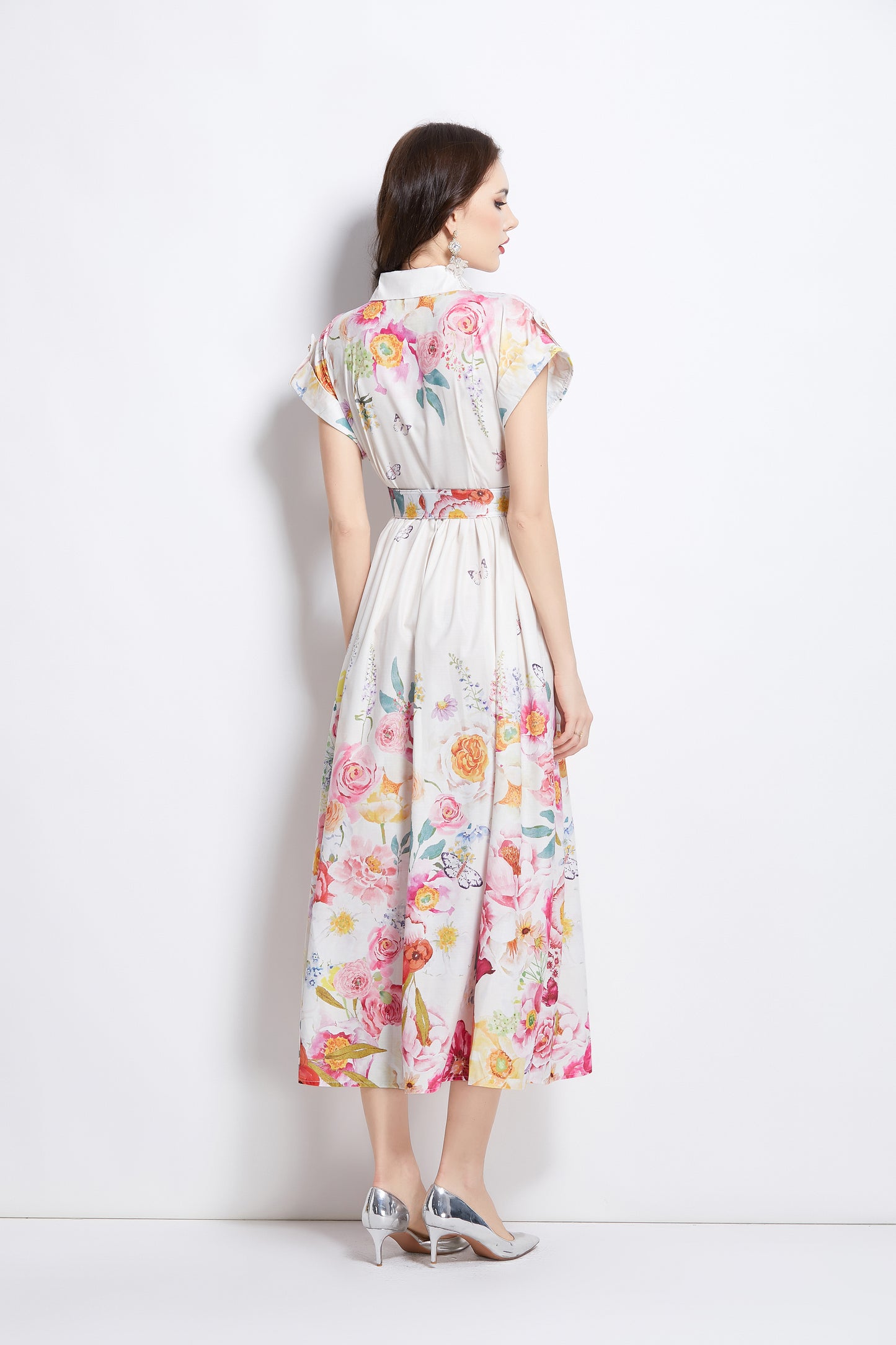Women's Lapel V-Neck Floral Print Maxi Dress