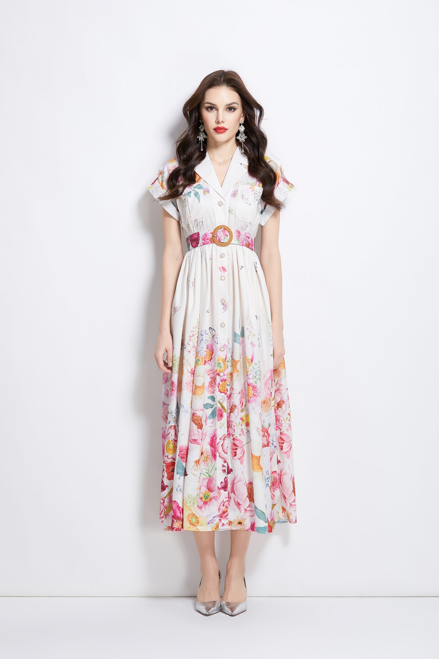 Women's Lapel V-Neck Floral Print Maxi Dress