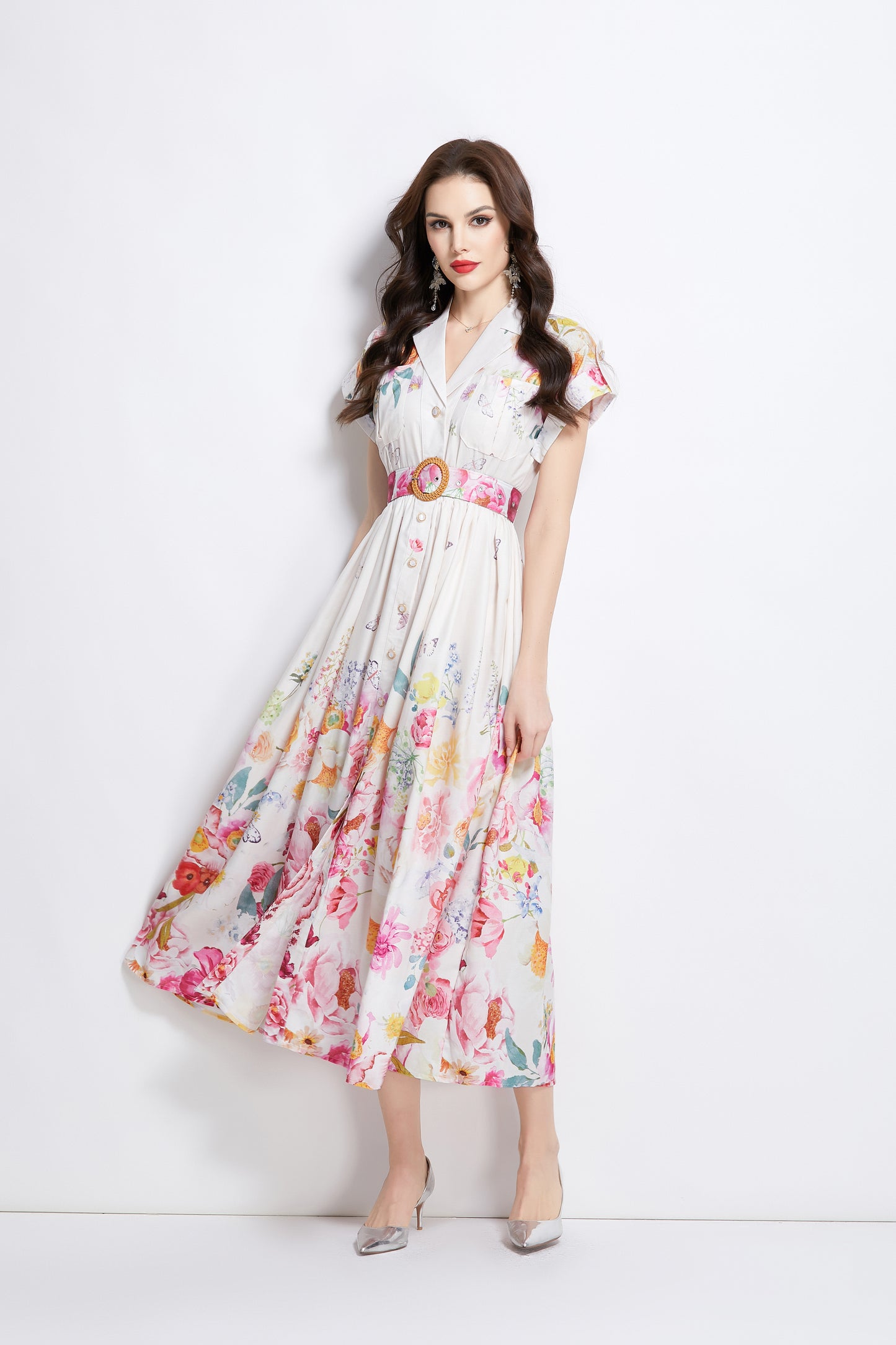 Women's Lapel V-Neck Floral Print Maxi Dress