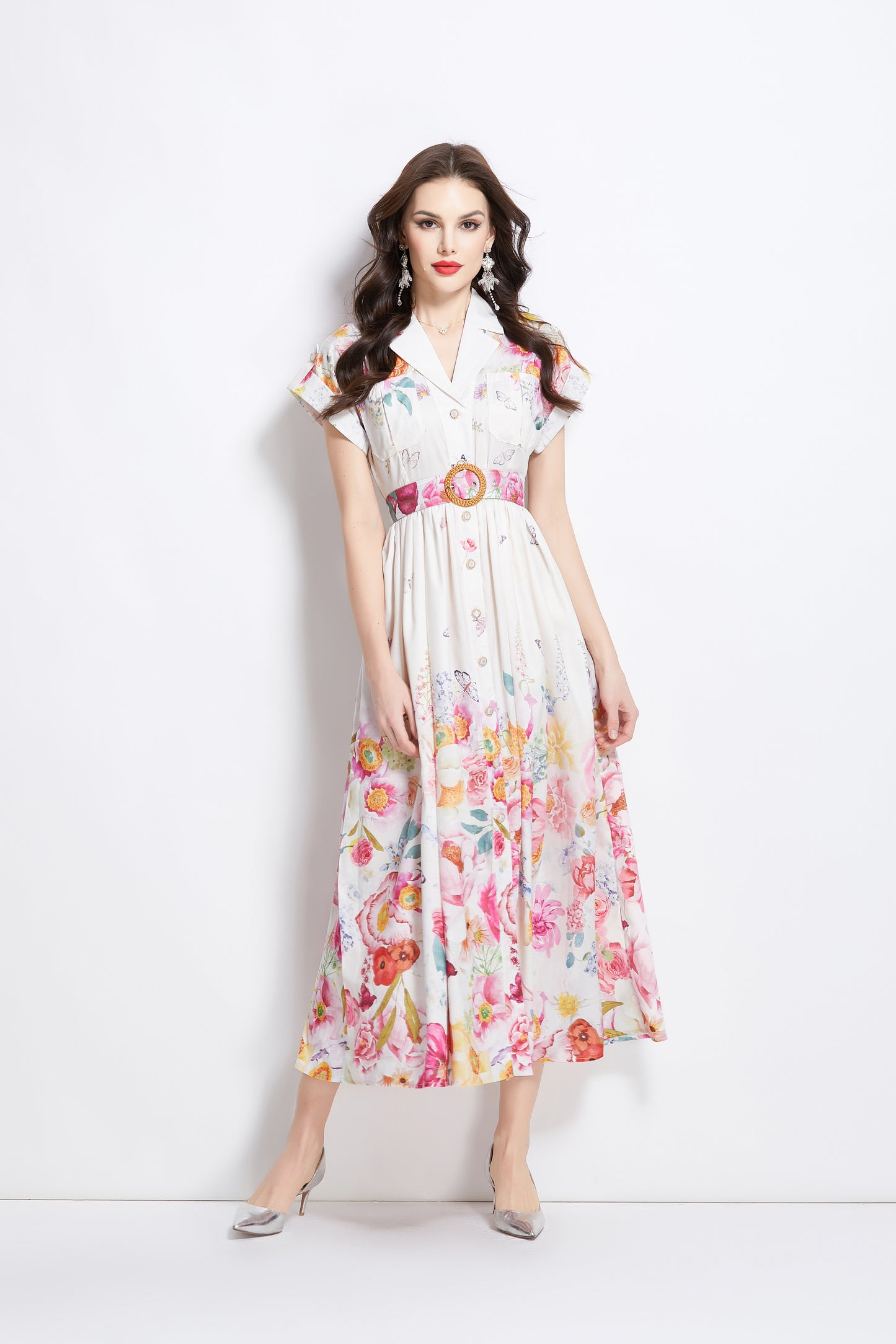 Women's Lapel V-Neck Floral Print Maxi Dress
