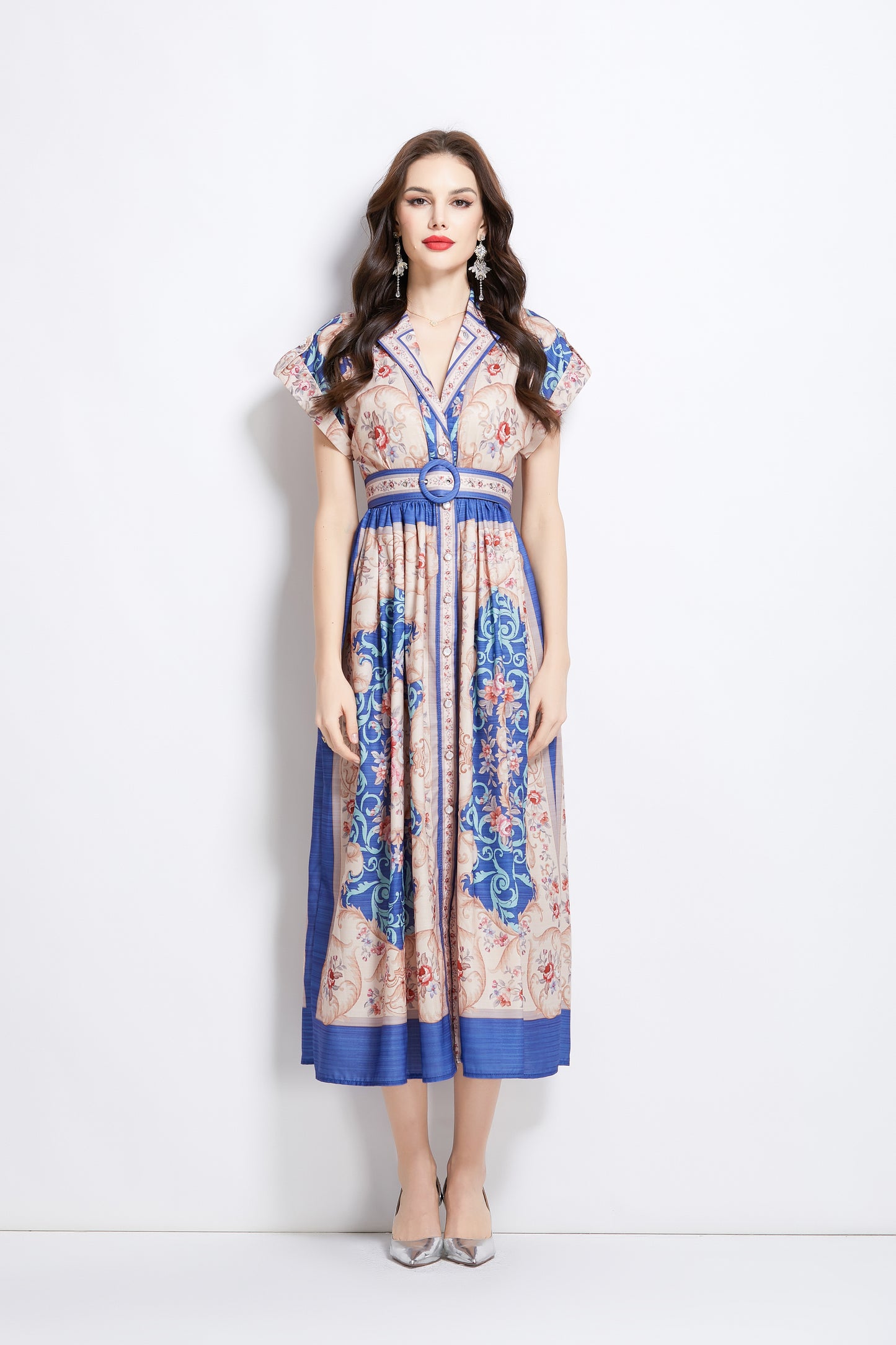 Women's Lapel V-Neck Floral Print Maxi Dress
