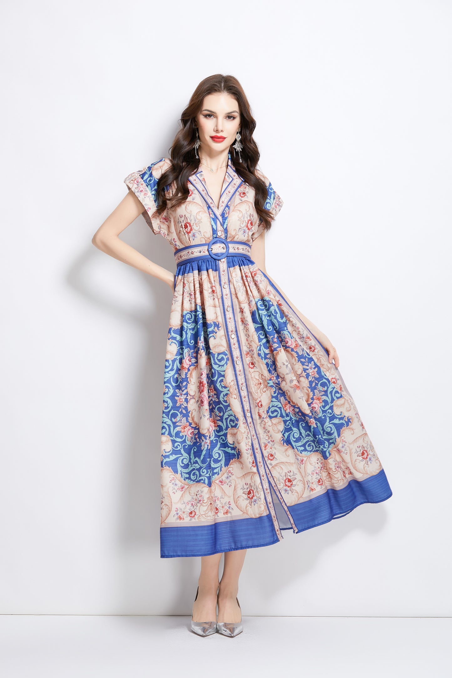 Women's Lapel V-Neck Floral Print Maxi Dress