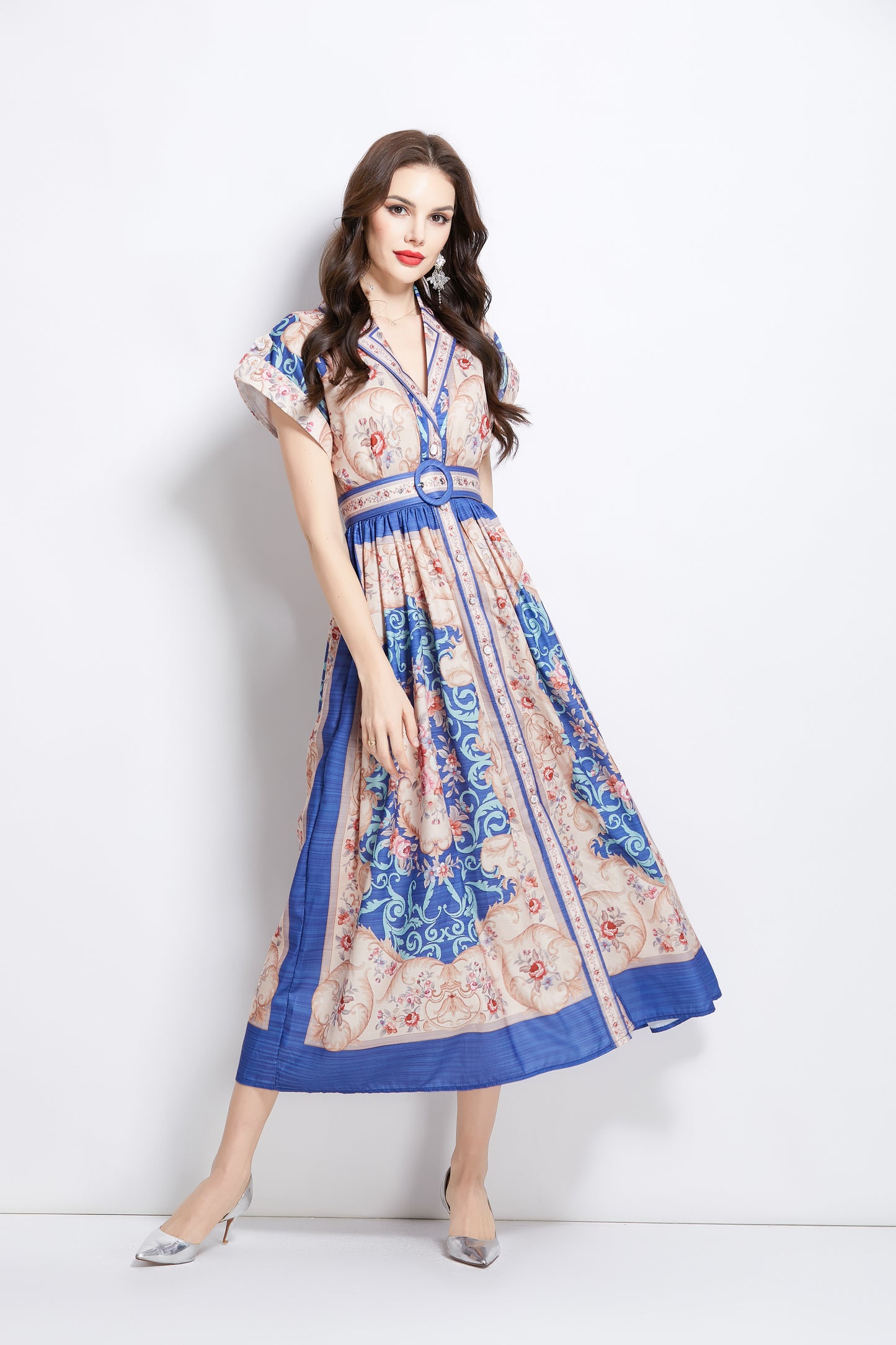 Women's Lapel V-Neck Floral Print Maxi Dress
