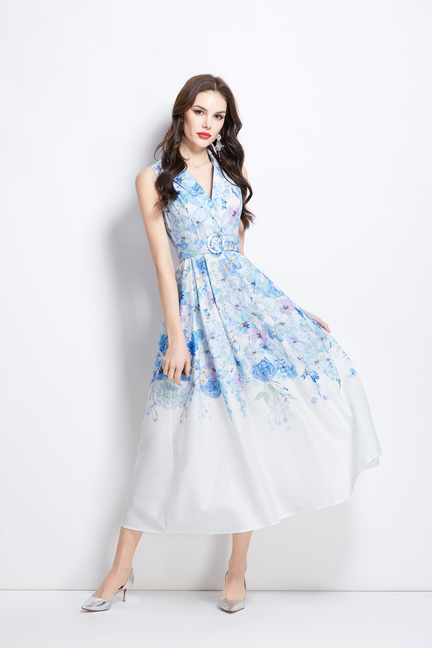 Women's Floral Print Sleeveless V Neck Maxi Dress