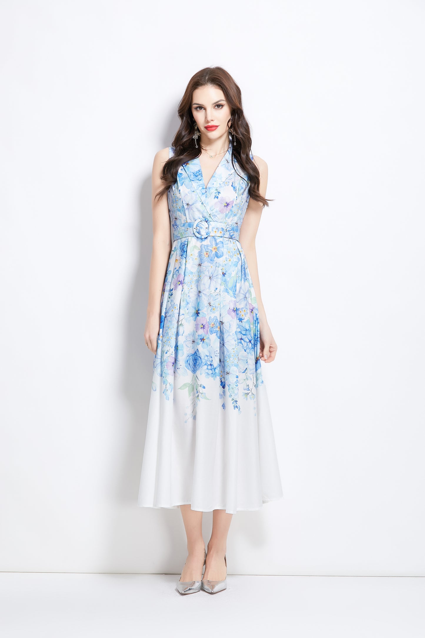 Women's Floral Print Sleeveless V Neck Maxi Dress