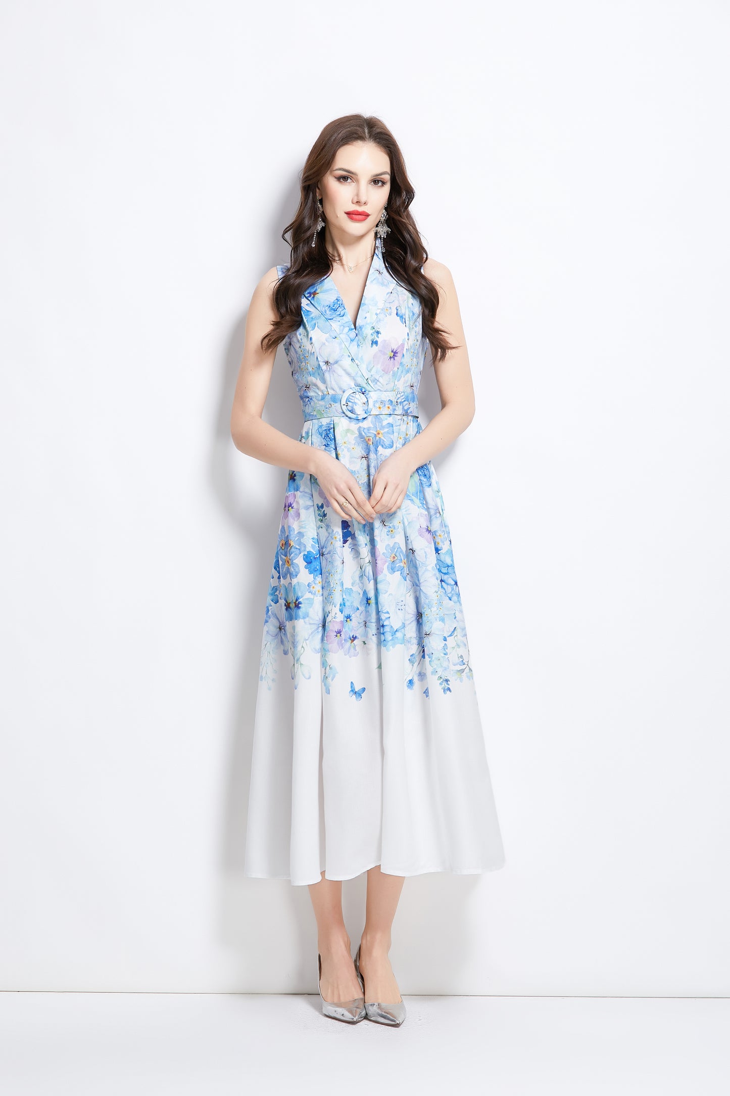 Women's Floral Print Sleeveless V Neck Maxi Dress