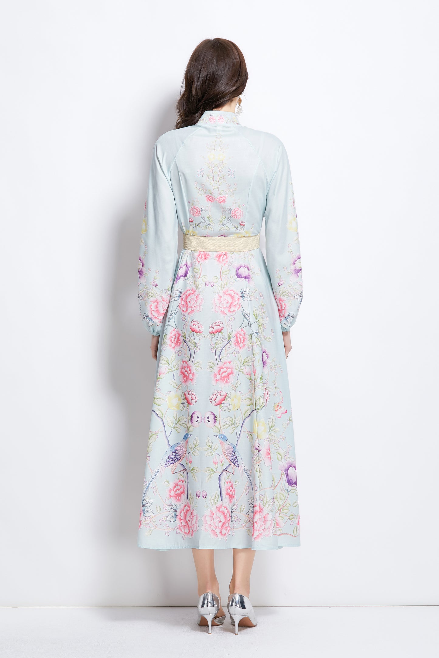 Women's Floral Print Lantern Sleeve Slit Maxi Dress