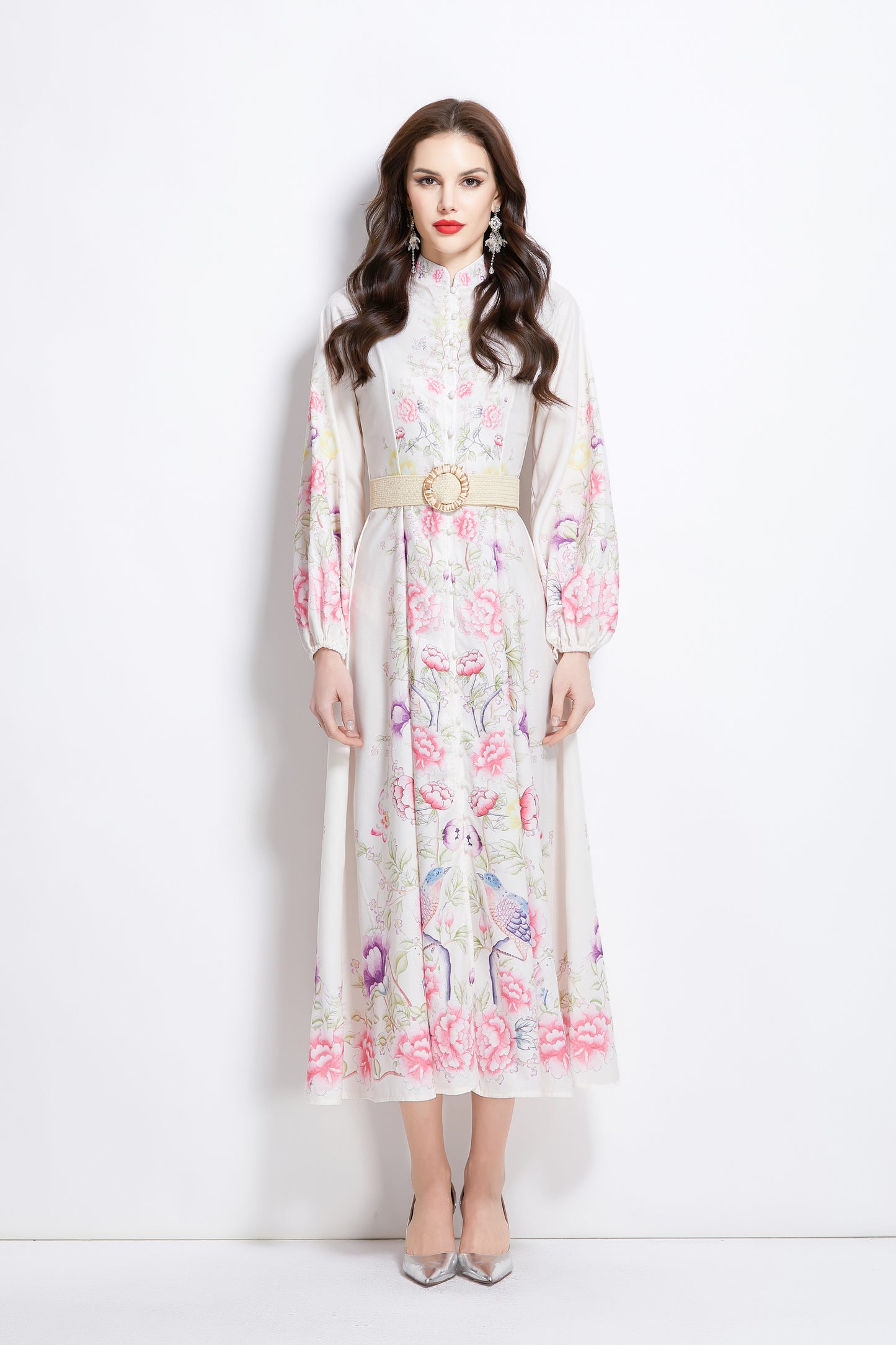 Women's Floral Print Lantern Sleeve Slit Maxi Dress