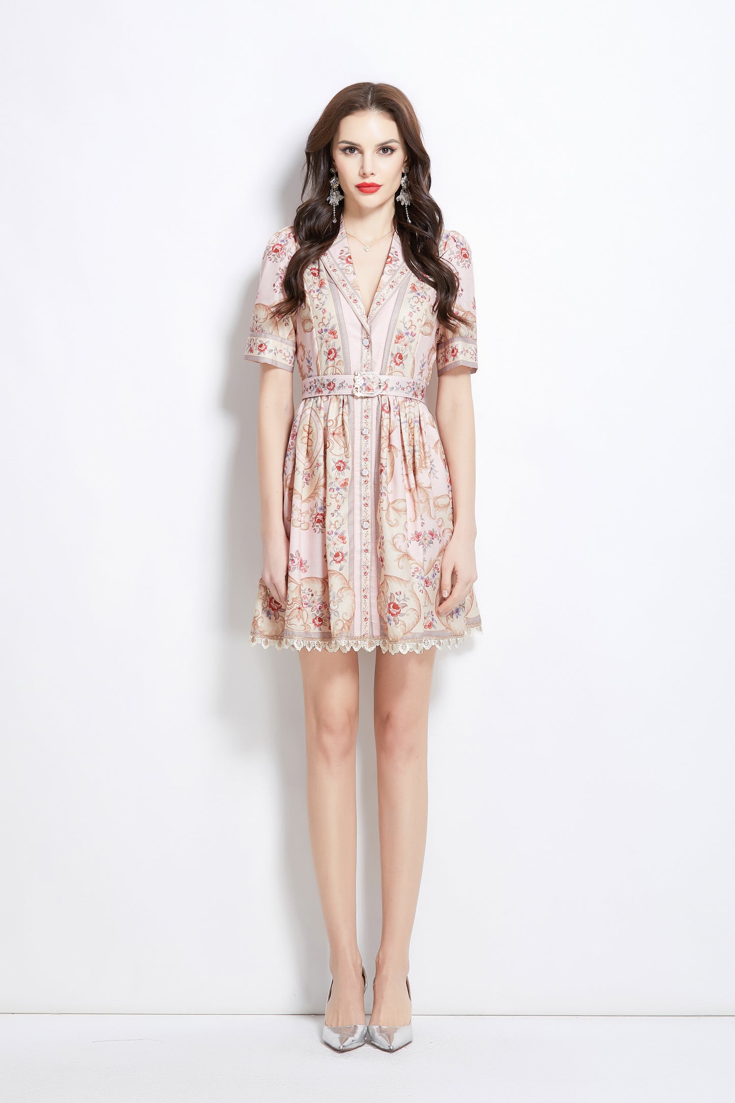 Women's V Neck Floral Print Mini Dress