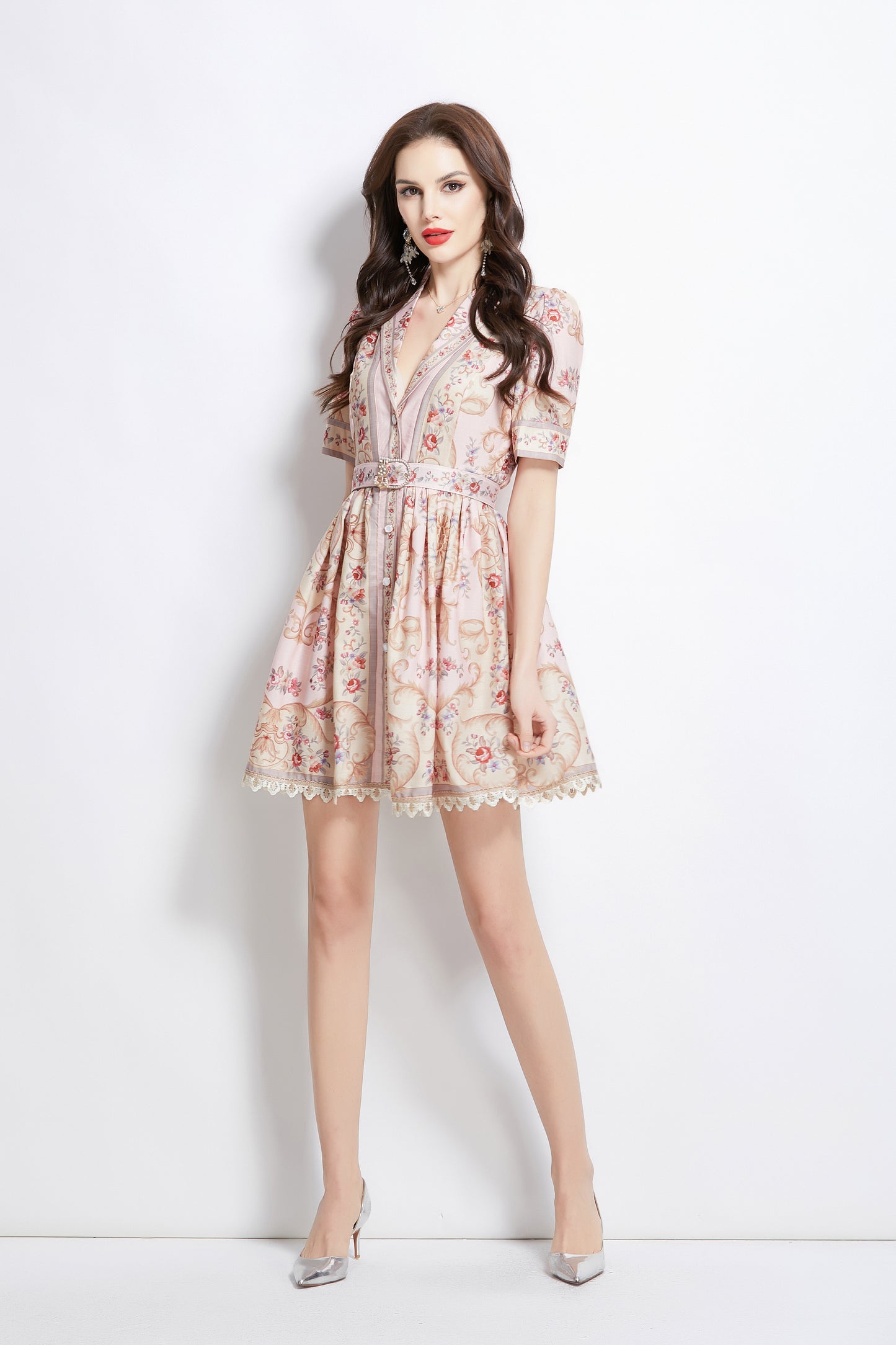 Women's V Neck Floral Print Mini Dress
