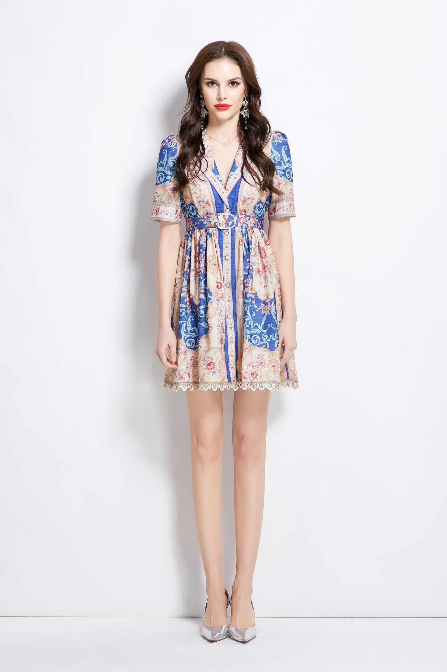 Women's V Neck Floral Print Mini Dress