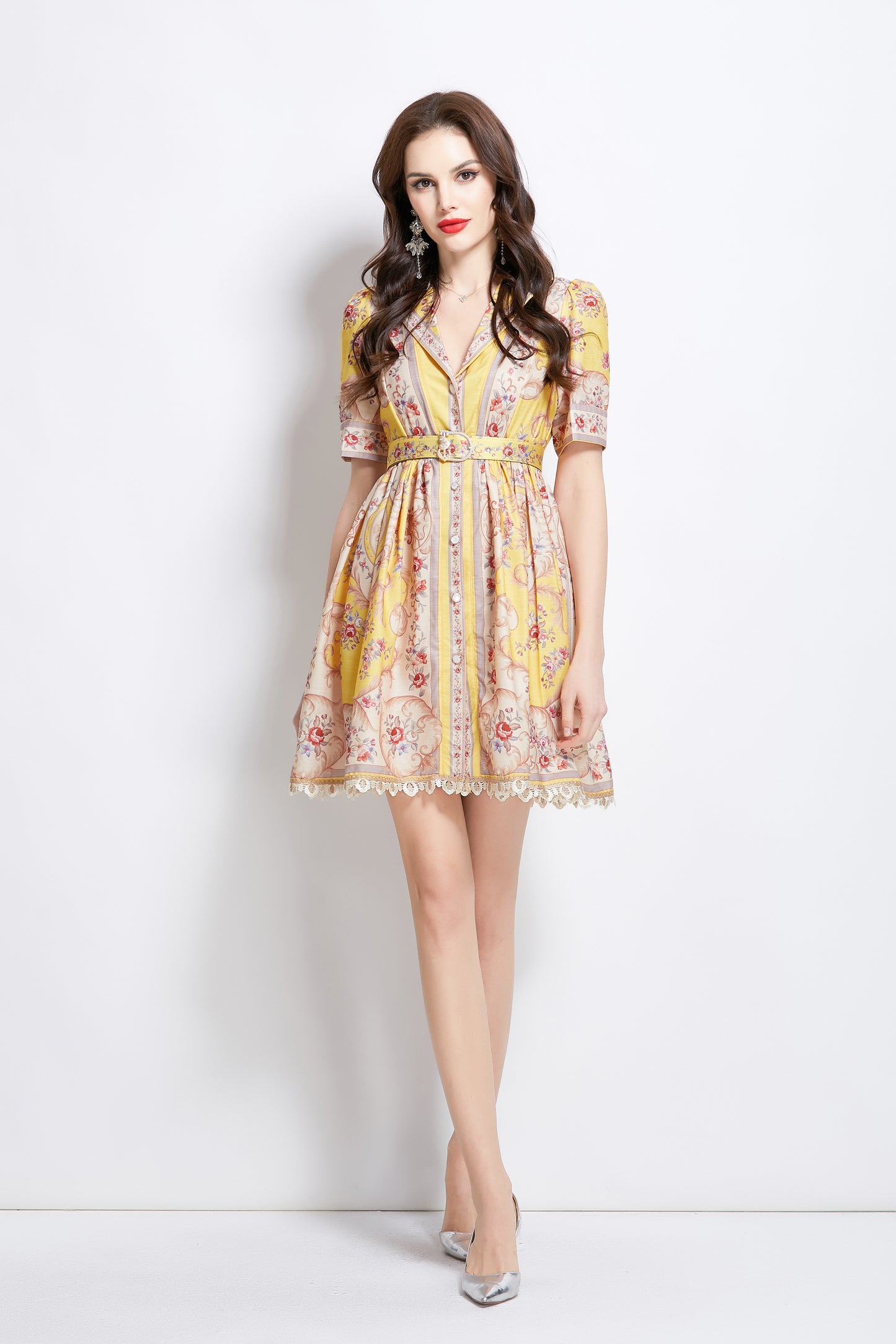 Women's V Neck Floral Print Mini Dress