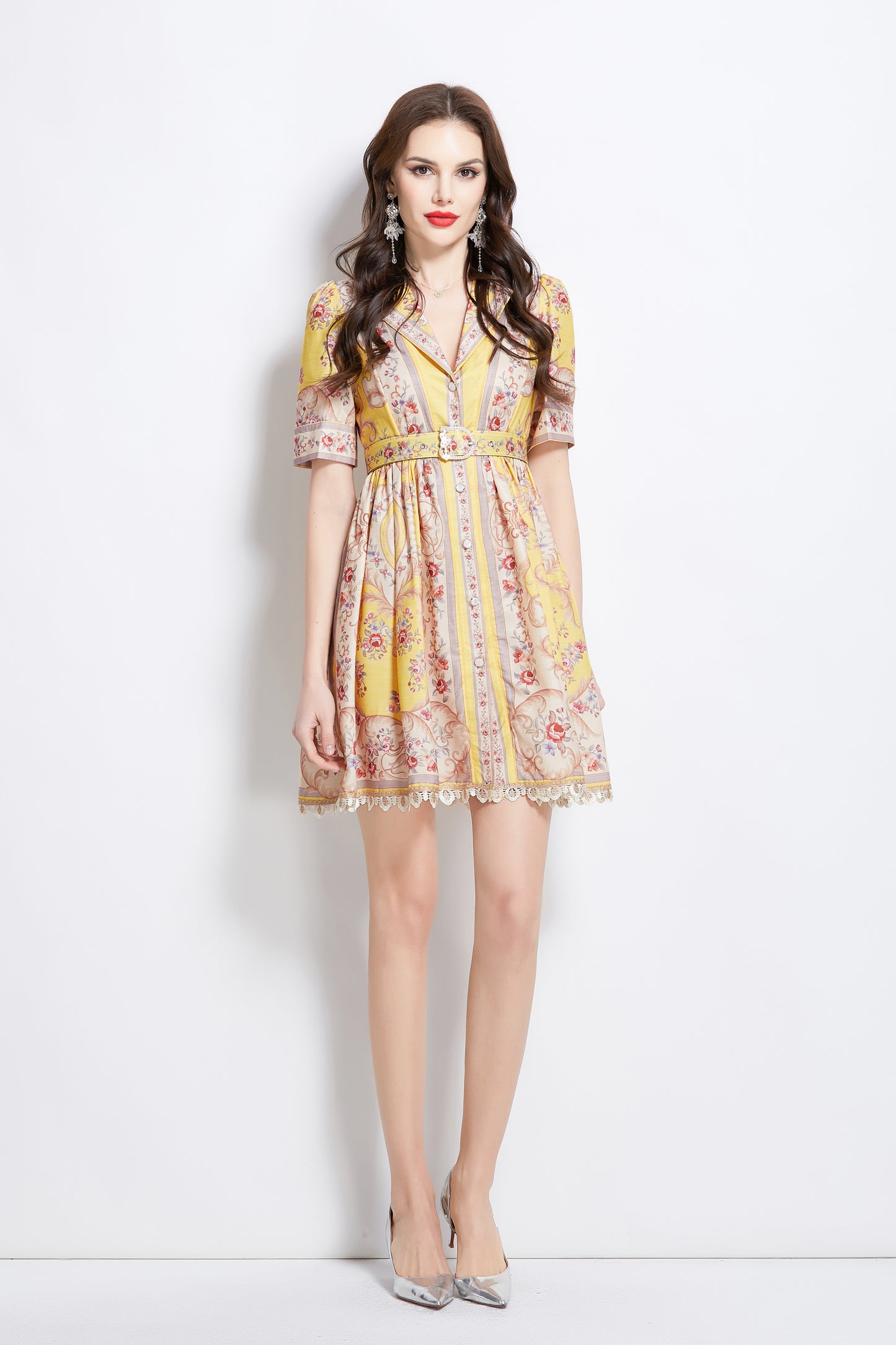 Women's V Neck Floral Print Mini Dress