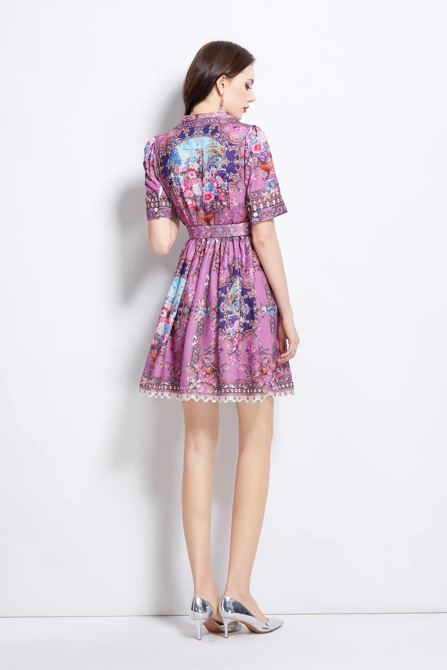 Women's V Neck Floral Print Mini Dress