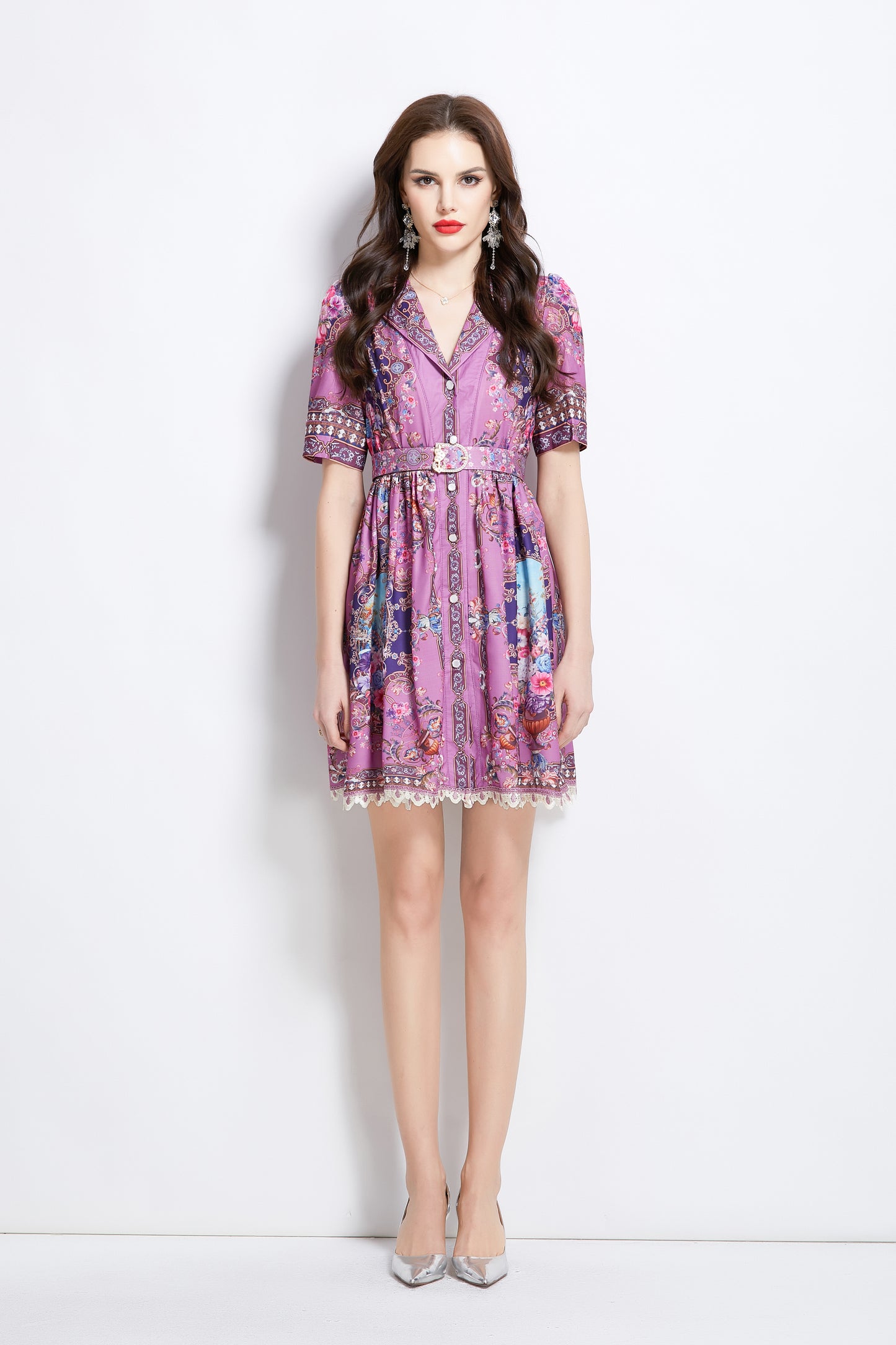 Women's V Neck Floral Print Mini Dress