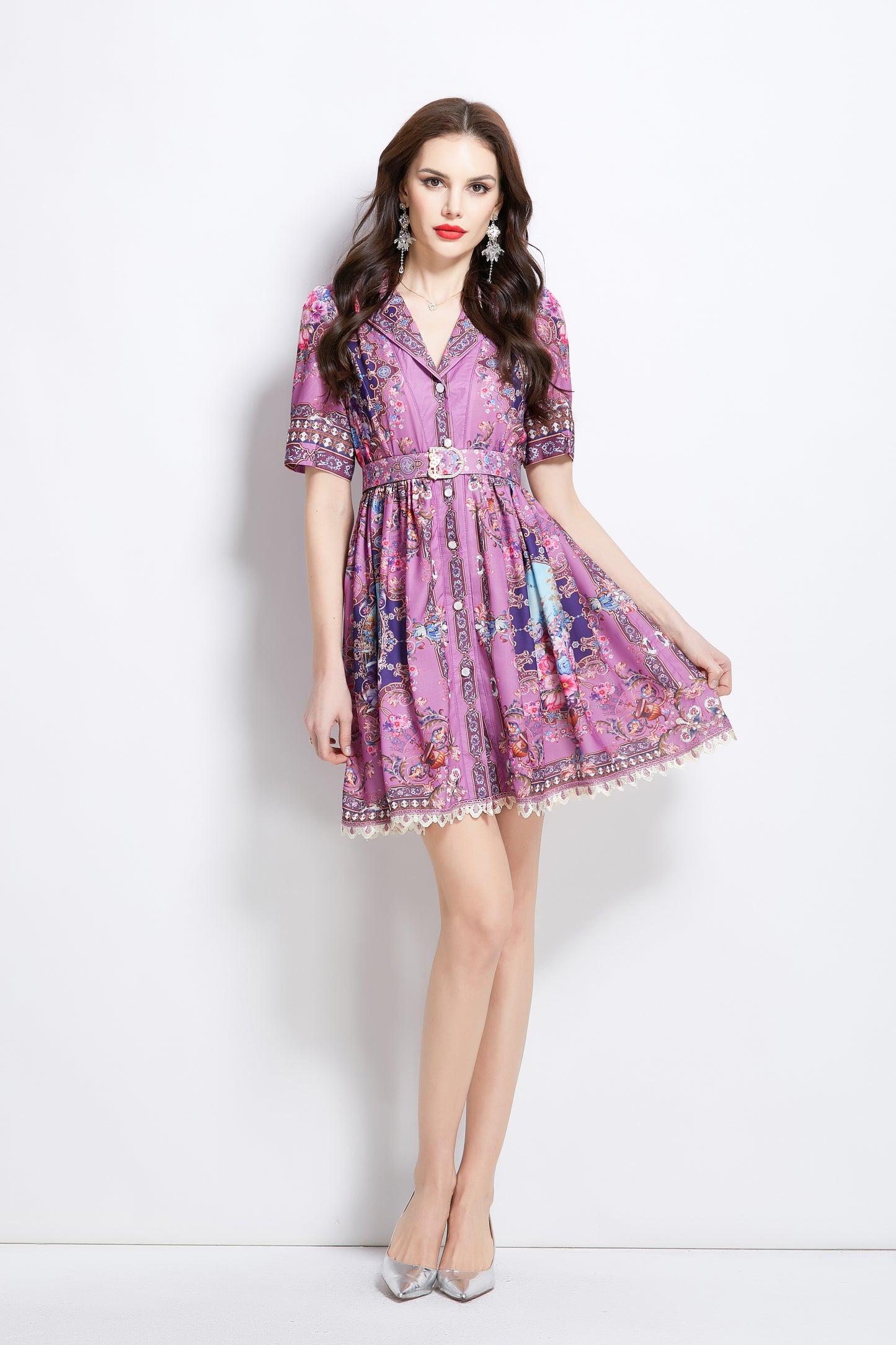 Women's V Neck Floral Print Mini Dress