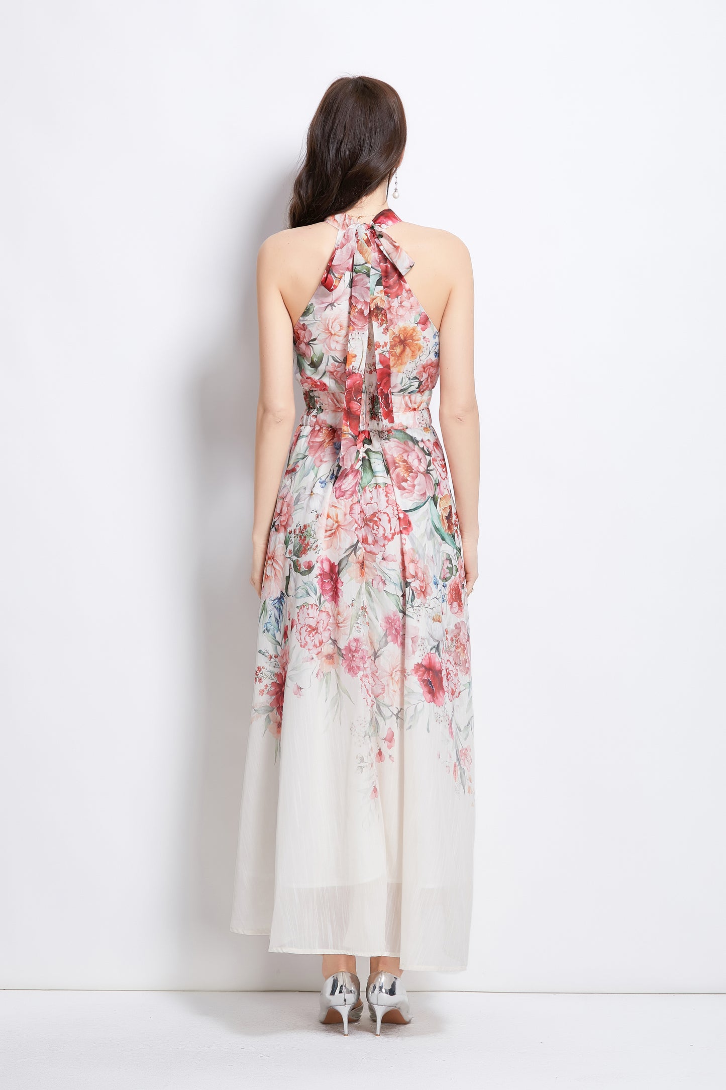 Women's Halter Neck Floral Elastic Waist Maxi Dress