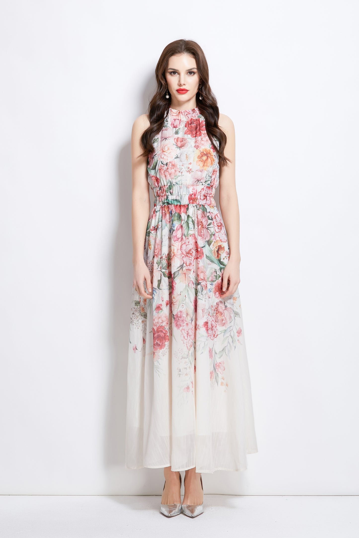 Women's Halter Neck Floral Elastic Waist Maxi Dress