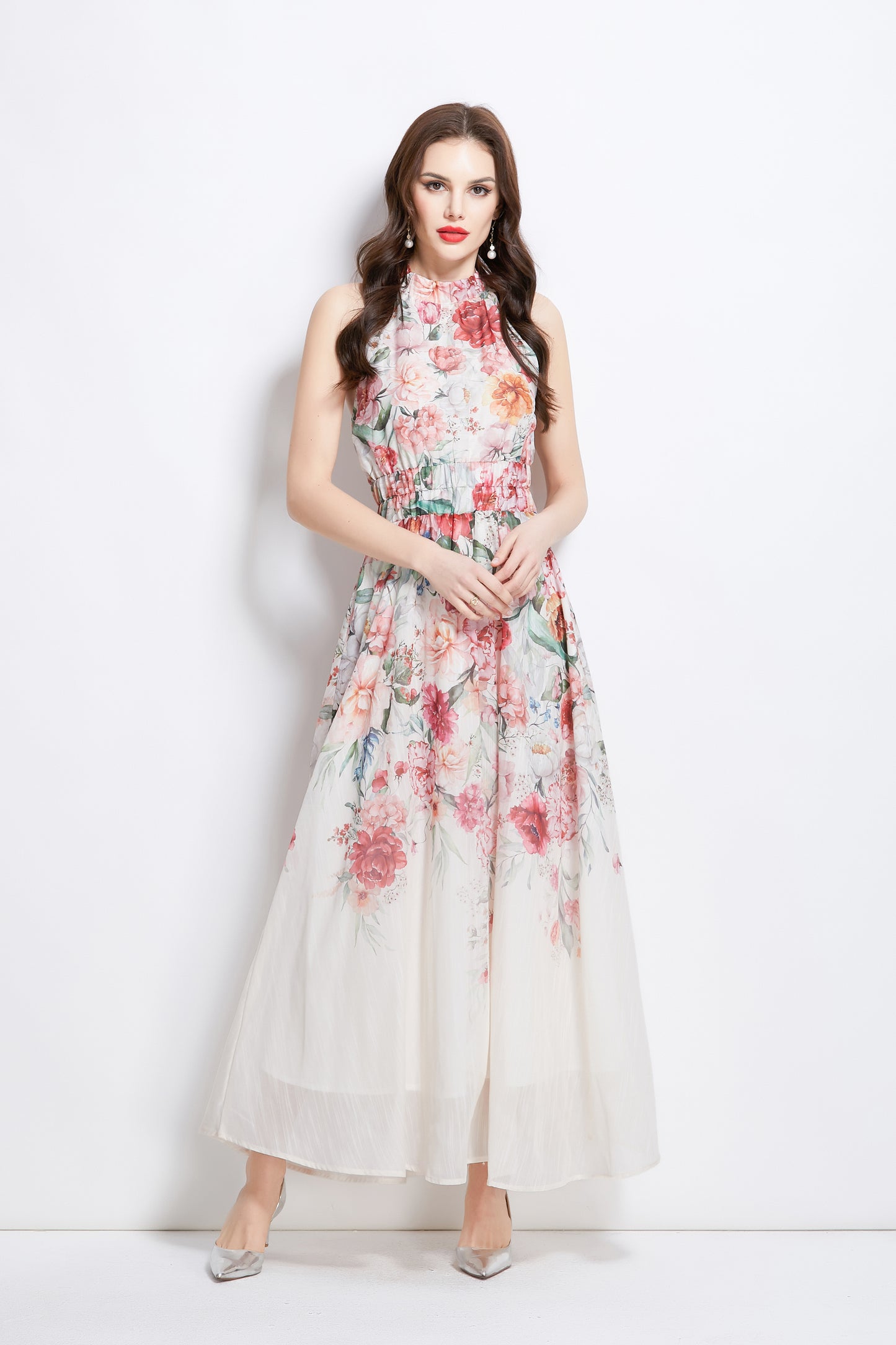 Women's Halter Neck Floral Elastic Waist Maxi Dress