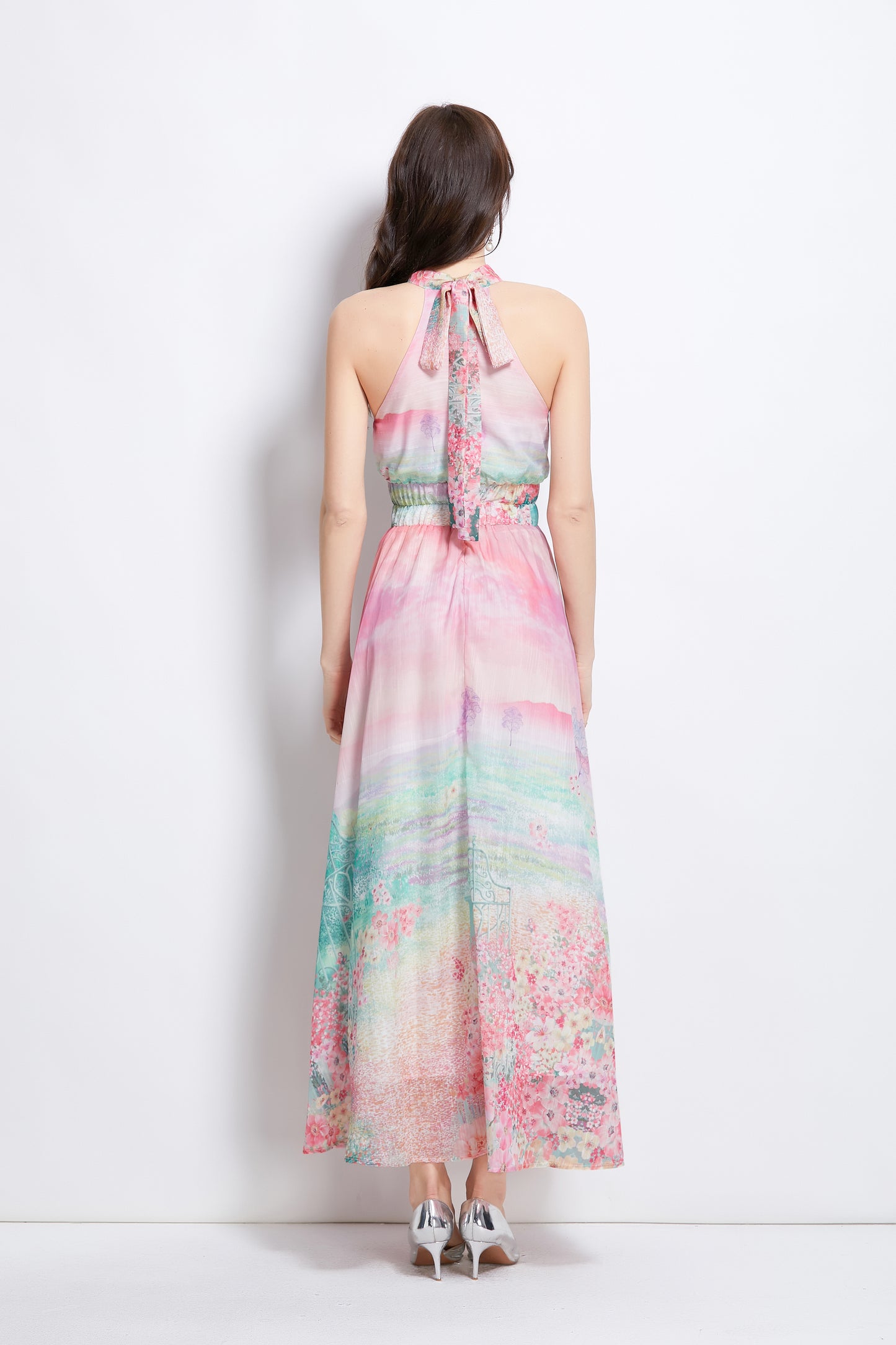 Women's Halter Neck Floral Elastic Waist Maxi Dress