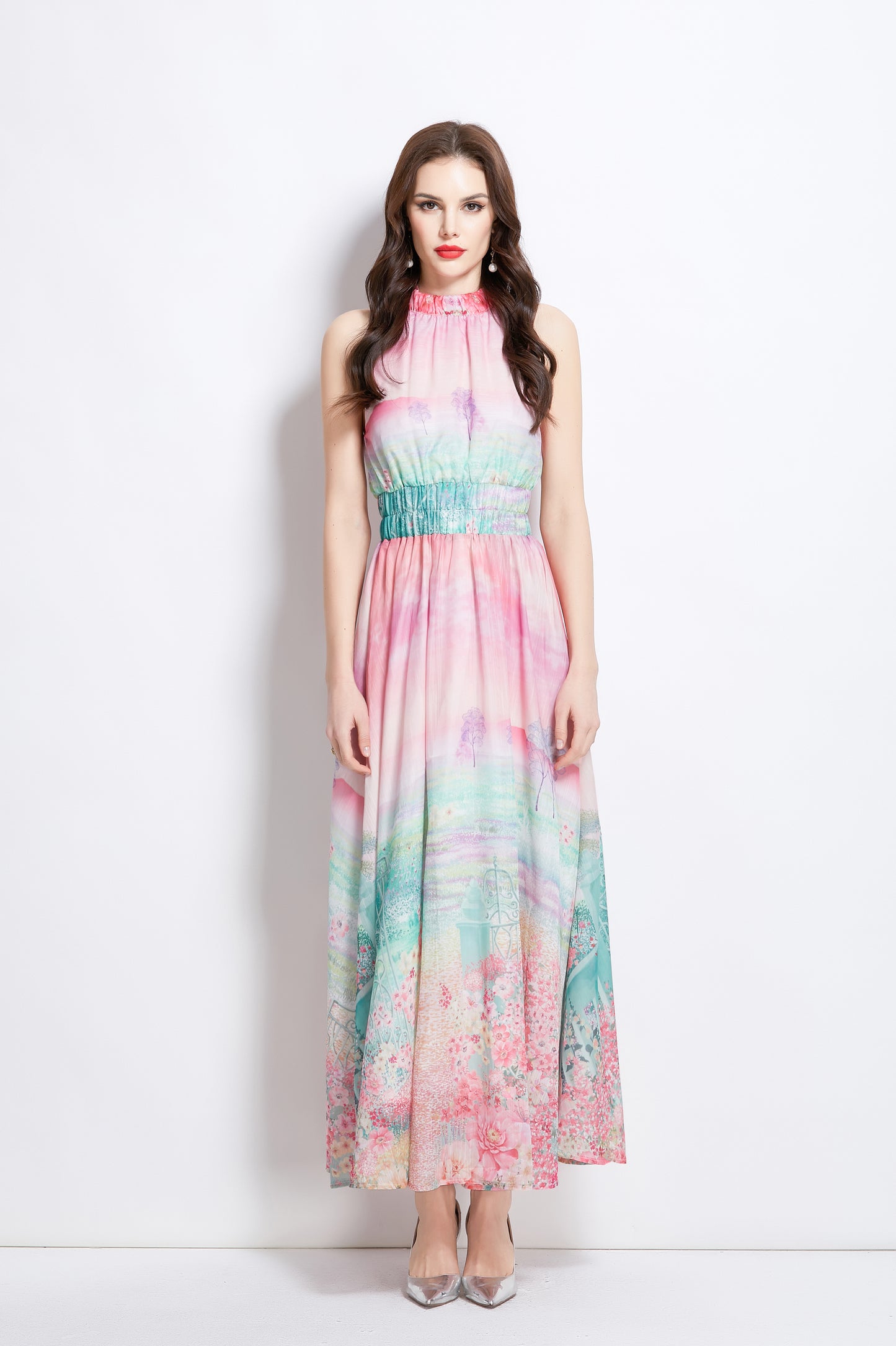 Women's Halter Neck Floral Elastic Waist Maxi Dress