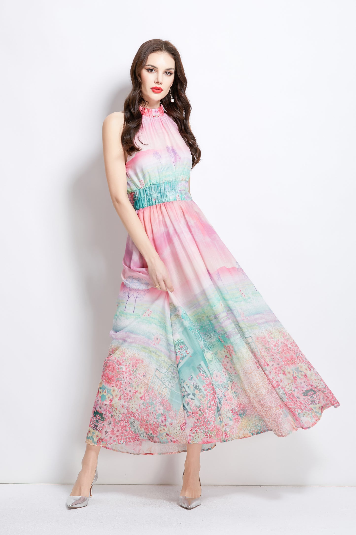 Women's Halter Neck Floral Elastic Waist Maxi Dress