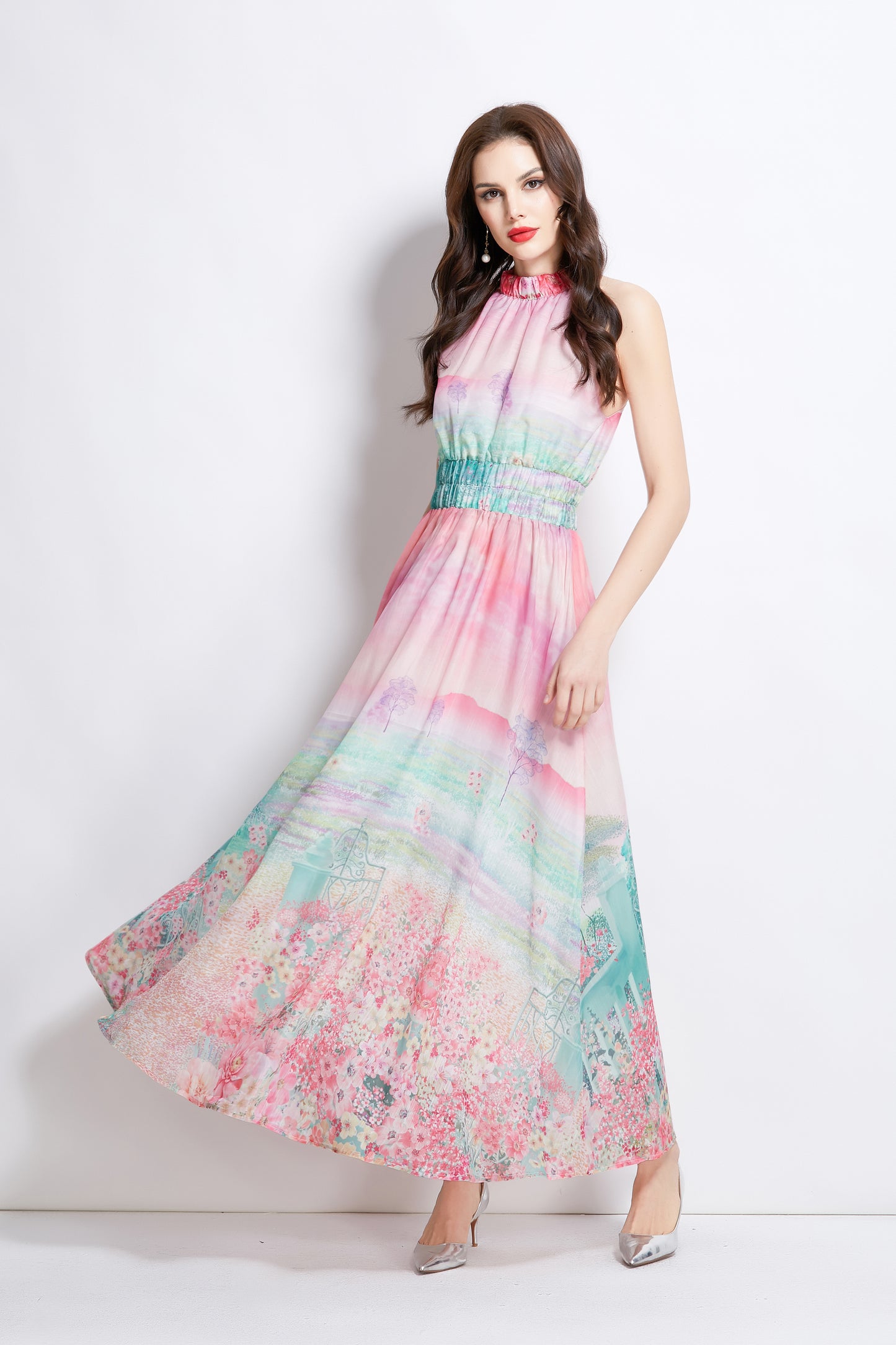 Women's Halter Neck Floral Elastic Waist Maxi Dress