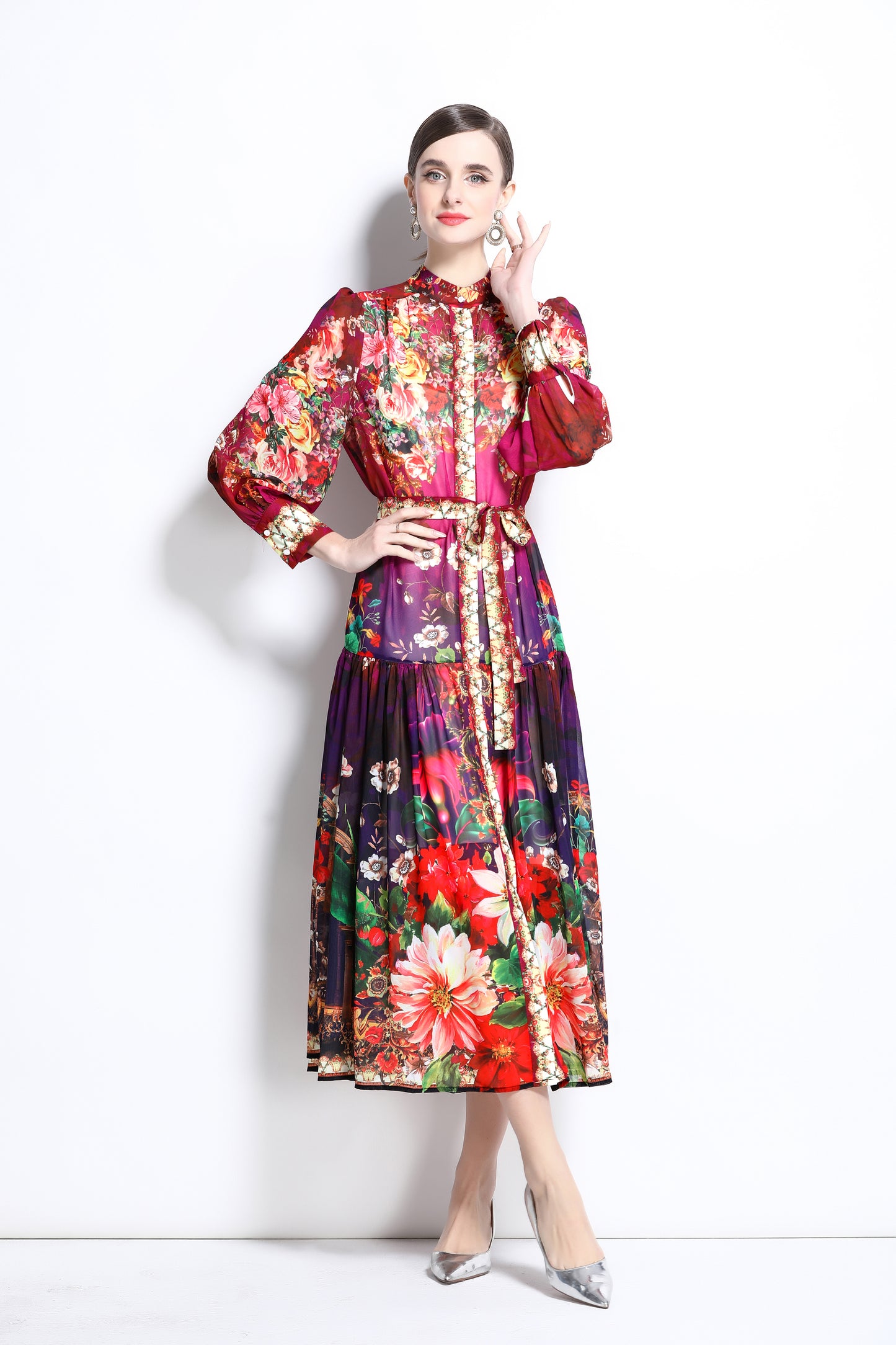 Women Floral Print Puff Sleeve Split Sheer Maxi Dress