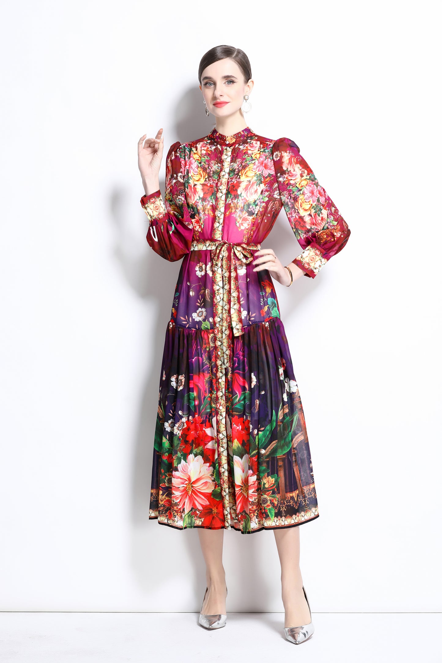 Women Floral Print Puff Sleeve Split Sheer Maxi Dress