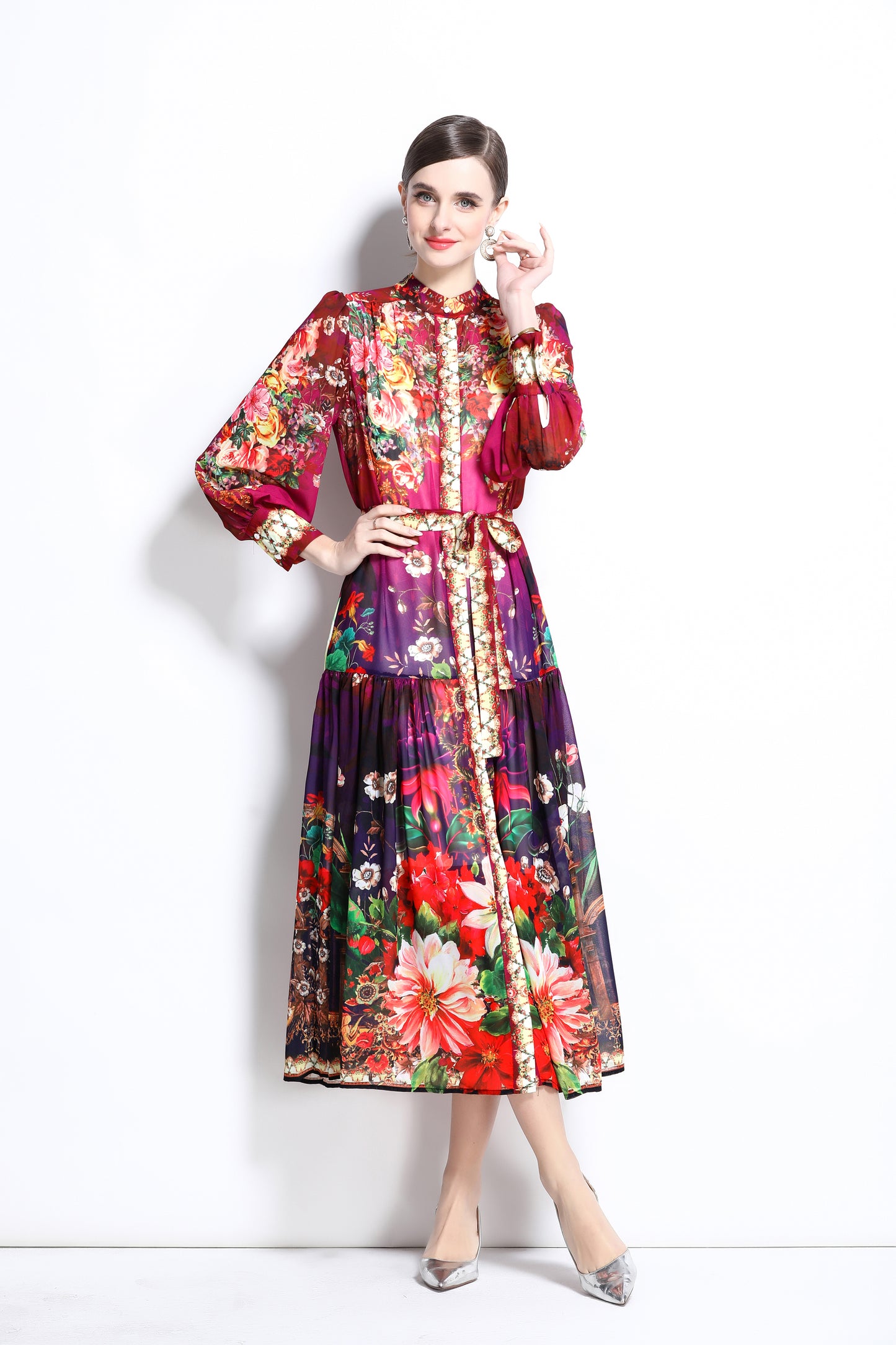 Women Floral Print Puff Sleeve Split Sheer Maxi Dress