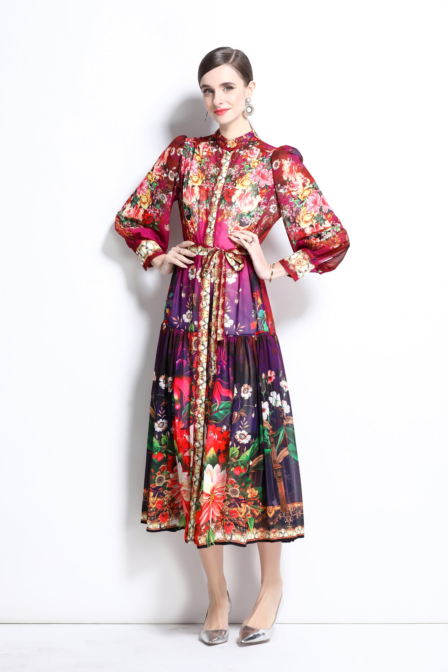Women Floral Print Puff Sleeve Split Sheer Maxi Dress