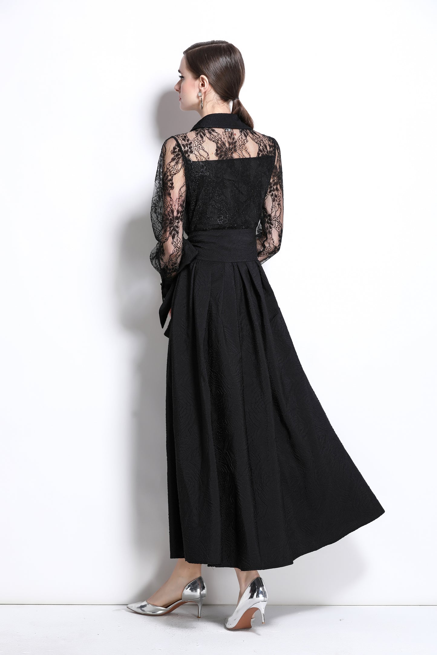 Women's Lace Pearl Decor Mesh Jacquard Maxi Dress