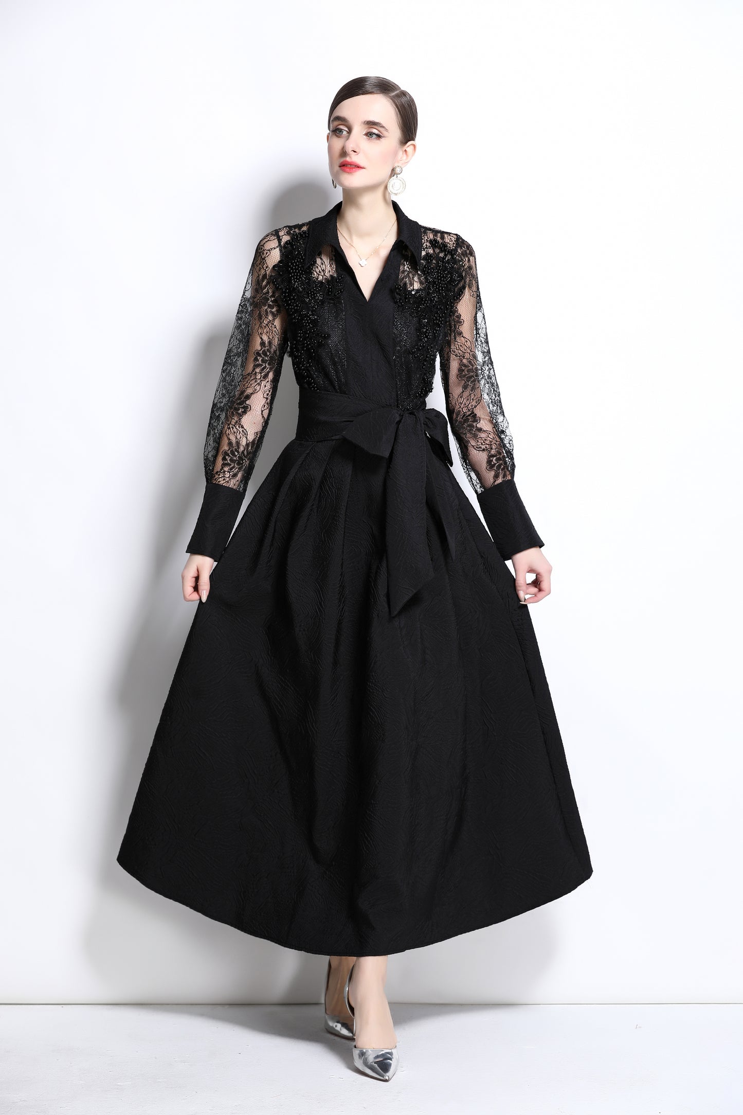 Women's Lace Pearl Decor Mesh Jacquard Maxi Dress