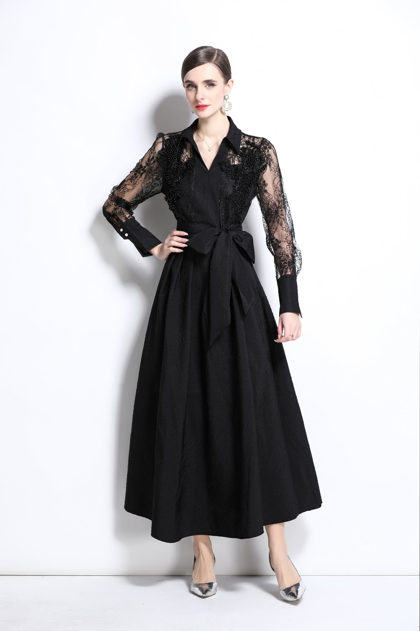 Women's Lace Pearl Decor Mesh Jacquard Maxi Dress