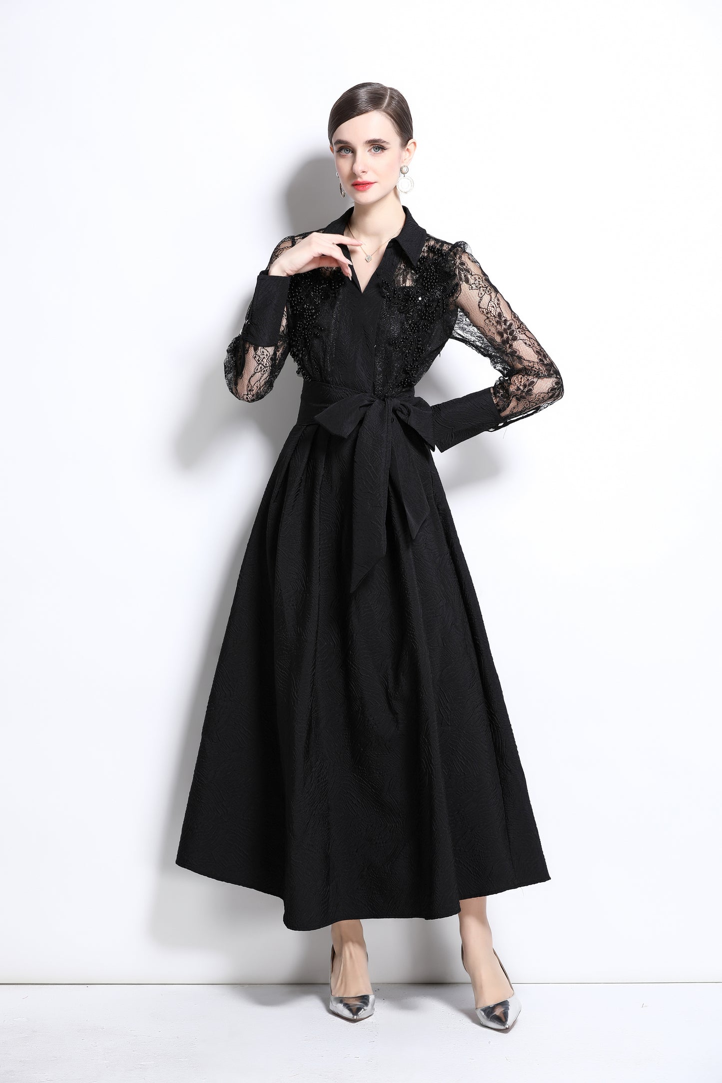 Women's Lace Pearl Decor Mesh Jacquard Maxi Dress