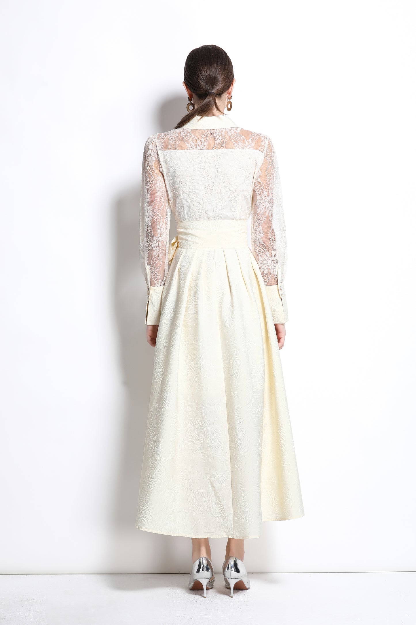 Women's Lace Pearl Decor Mesh Jacquard Maxi Dress