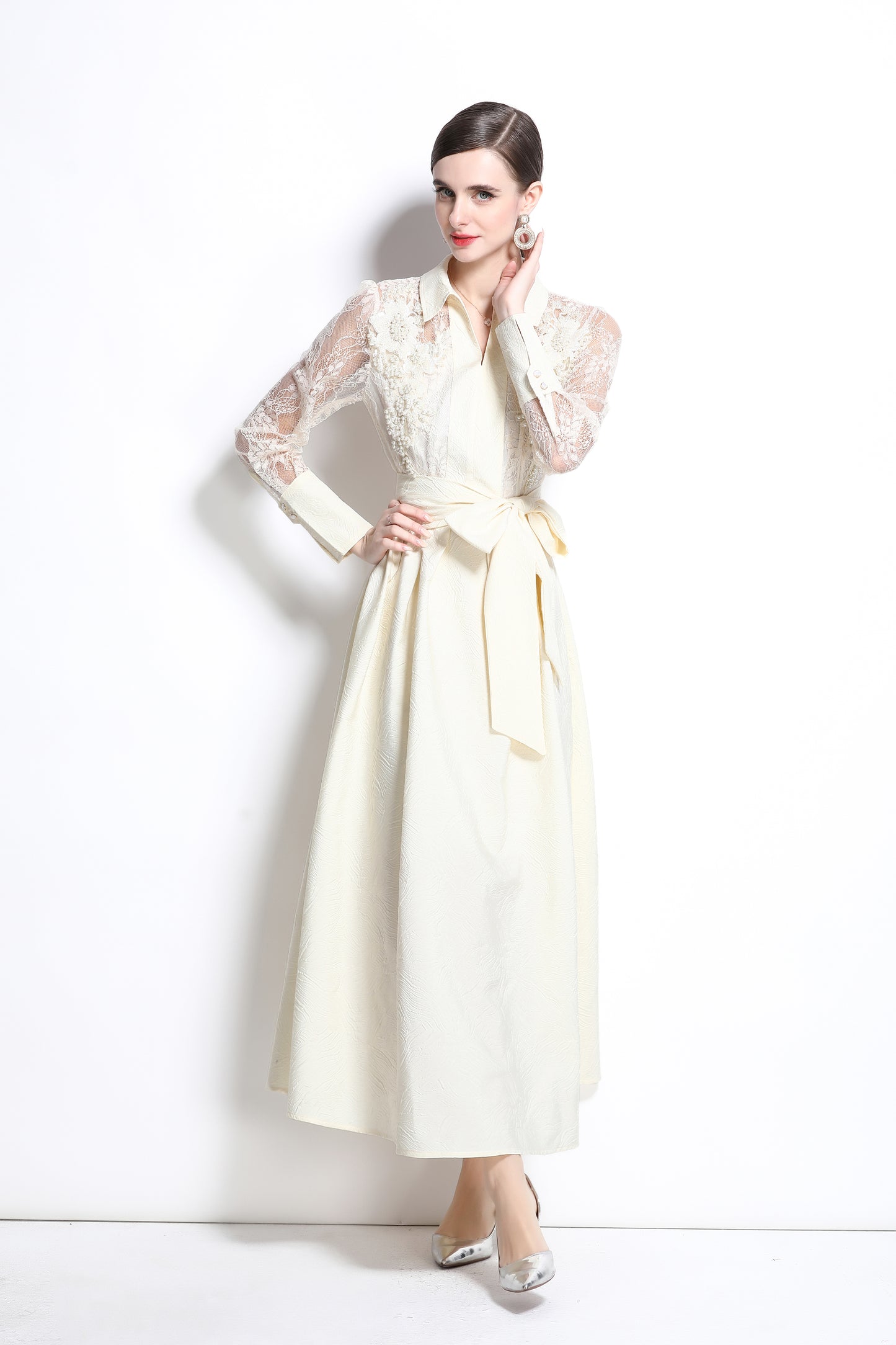 Women's Lace Pearl Decor Mesh Jacquard Maxi Dress