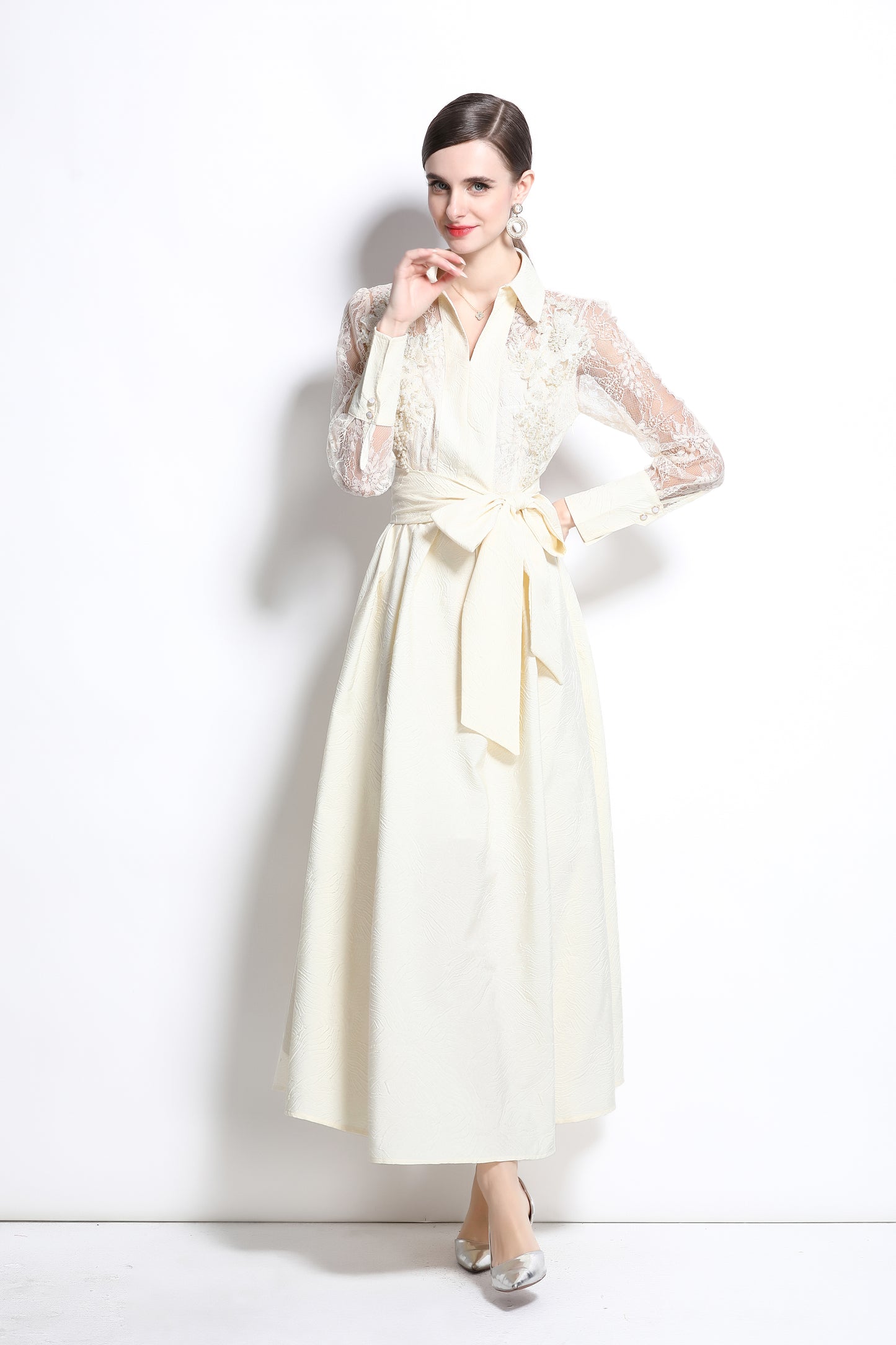 Women's Lace Pearl Decor Mesh Jacquard Maxi Dress