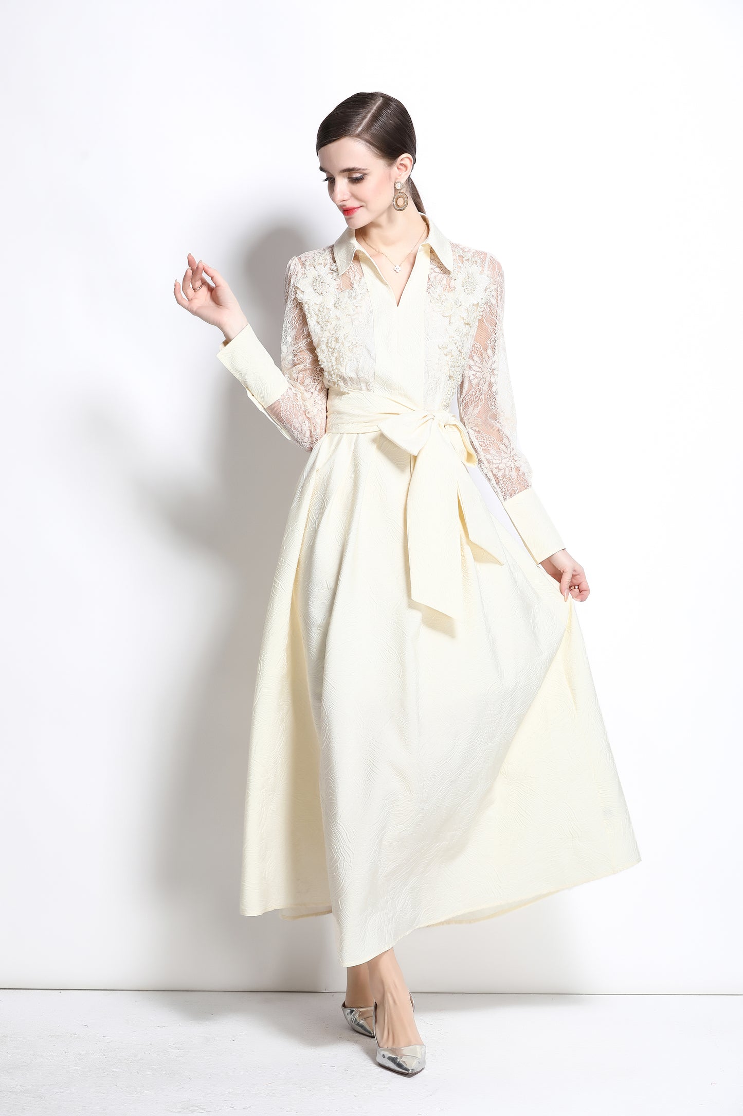 Women's Lace Pearl Decor Mesh Jacquard Maxi Dress