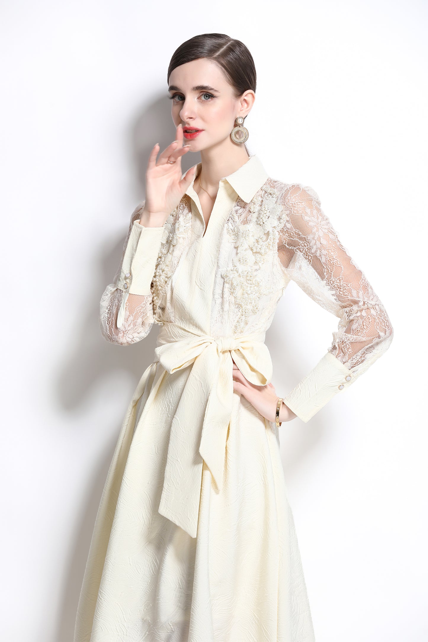 Women's Lace Pearl Decor Mesh Jacquard Maxi Dress