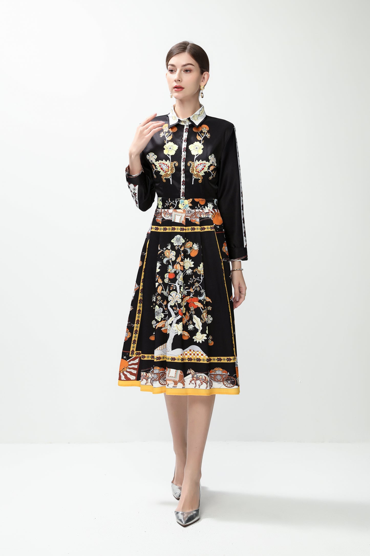 Women's 3/4 Sleeve Floral Print Midi Dress