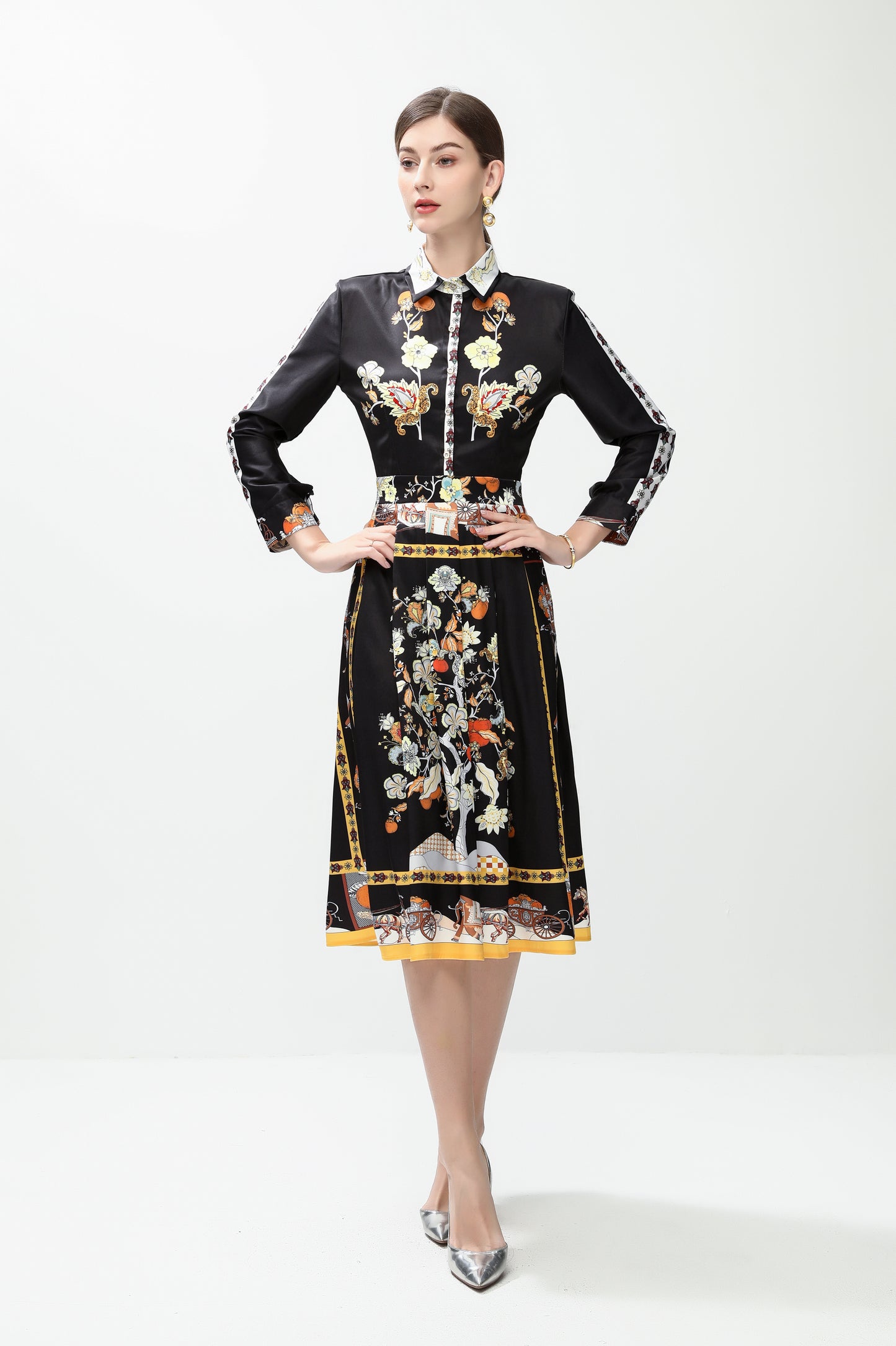 Women's 3/4 Sleeve Floral Print Midi Dress