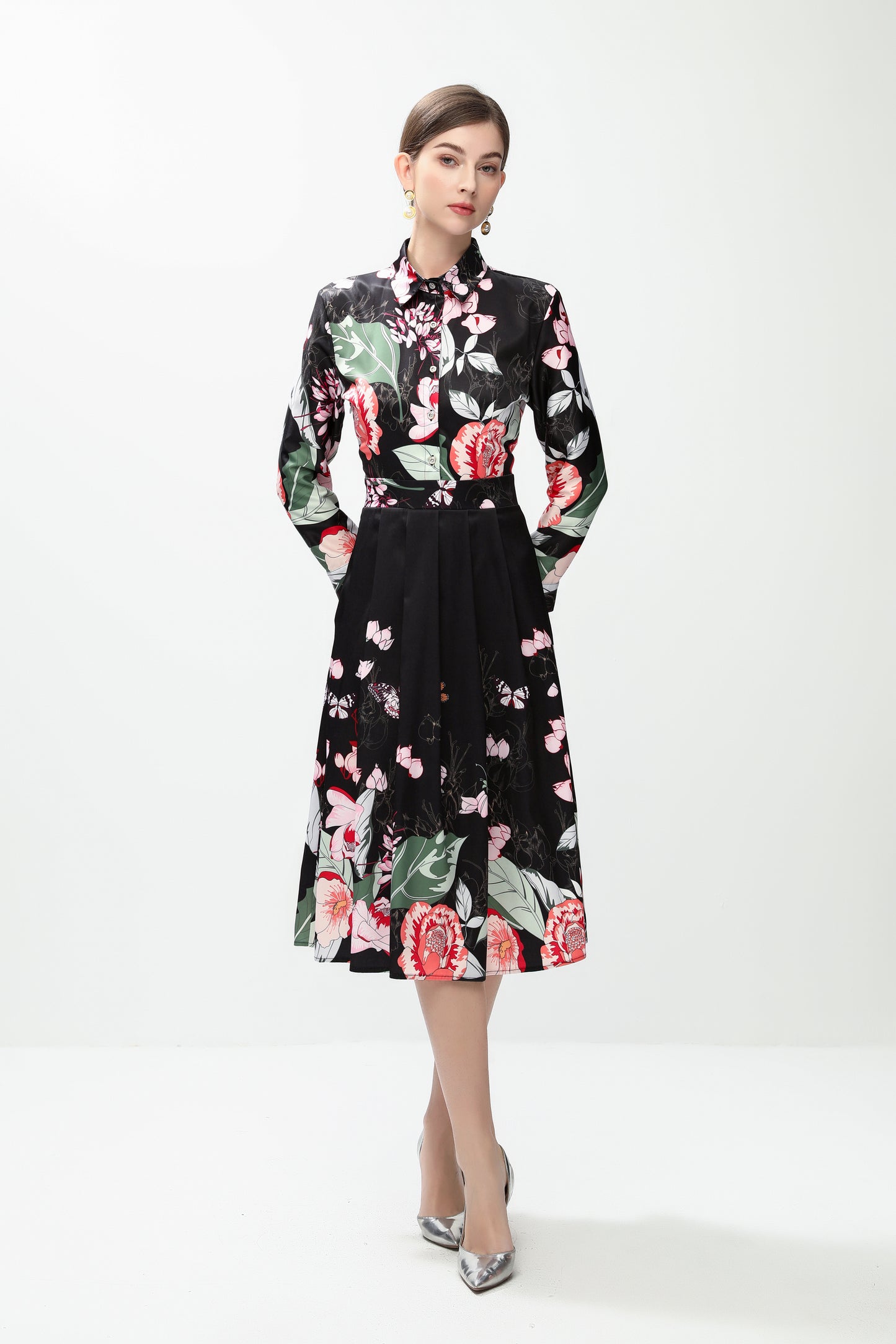 Women's 3/4 Sleeve Floral Print Midi Dress